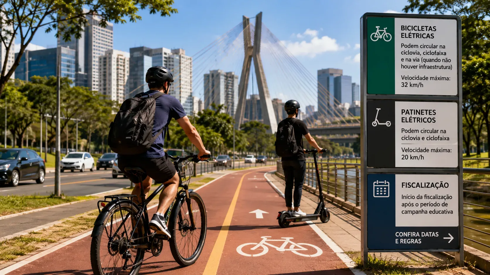 Ciclista e usuário de patinete elétrico em ciclovia de São Paulo, com ponte estaiada ao fundo e placa informativa sobre regras de circulação.