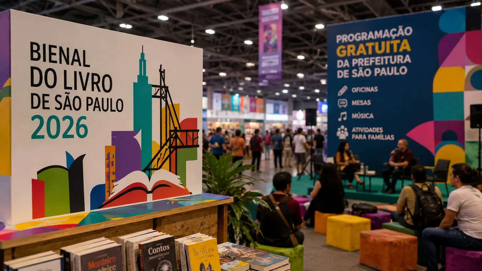 Estande colorido da Bienal do Livro de São Paulo em um pavilhão, com livros em primeiro plano, público sentado e uma área de programação gratuita da Prefeitura ao fundo.