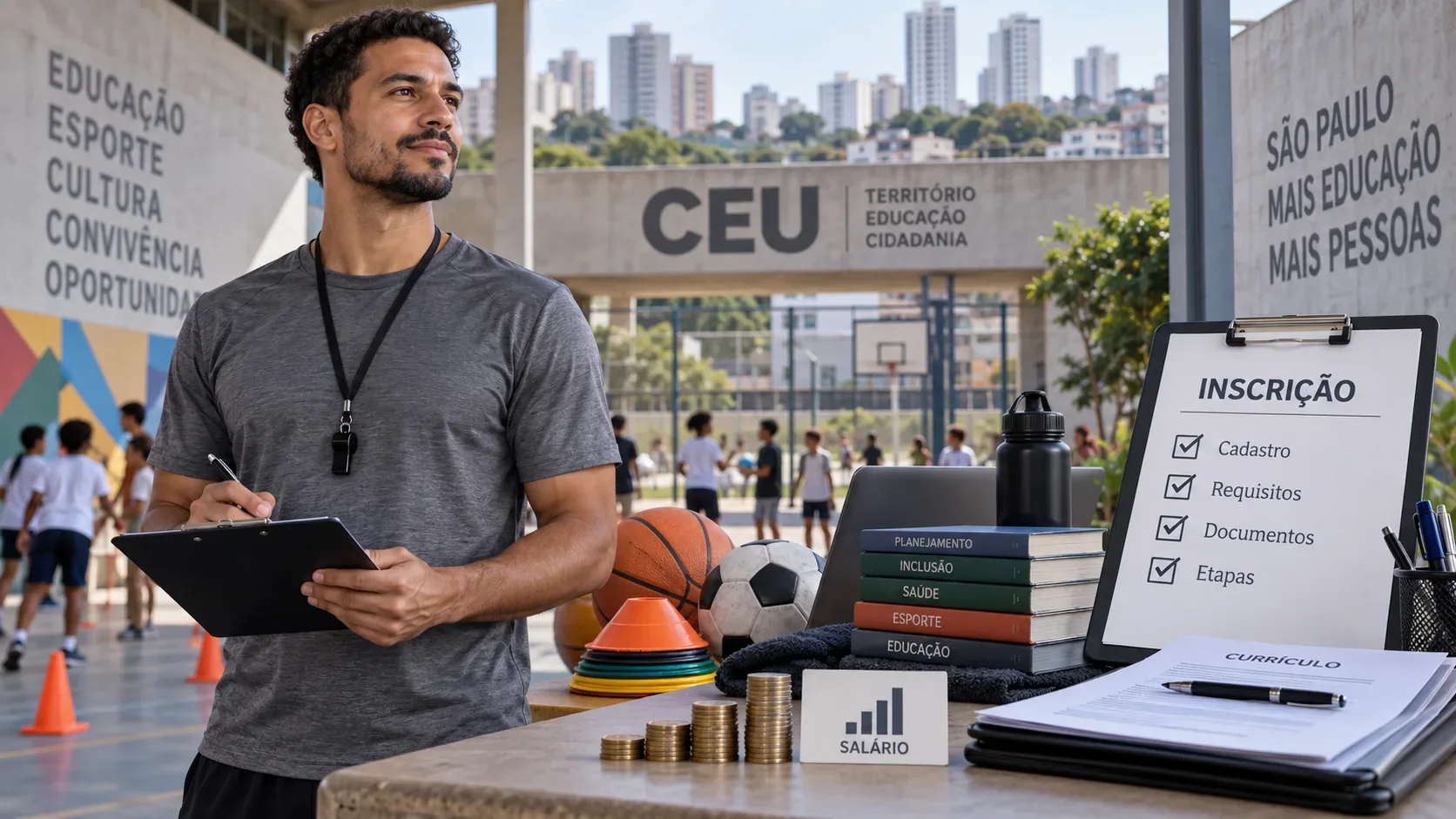 Profissional de educação física com prancheta em espaço esportivo de CEU, ao lado de bolas, cones, documentos de inscrição e referência visual a salário.