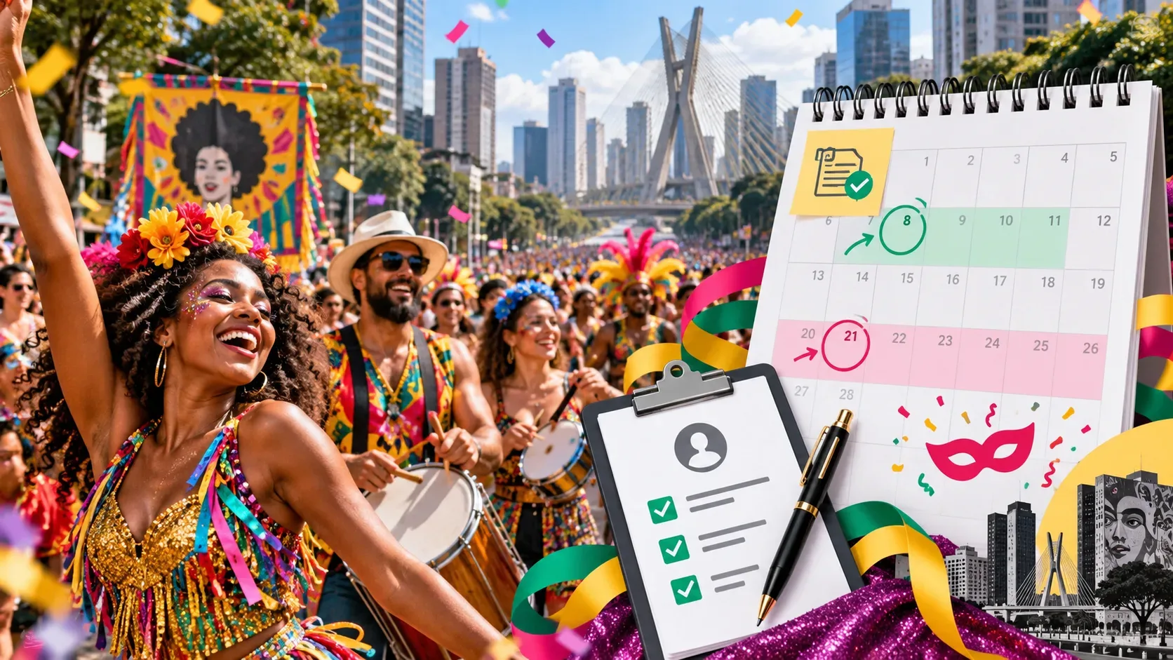 Foliões em um carnaval de rua de São Paulo ao lado de um grande calendário com datas destacadas e uma prancheta de inscrição com itens marcados.