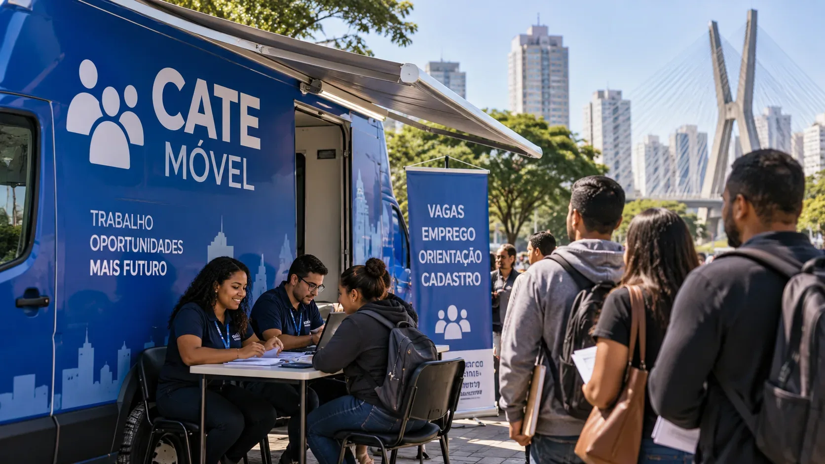 Unidade móvel azul do Cate com equipe atendendo uma candidata em uma mesa e fila de trabalhadores com documentos em ambiente urbano.