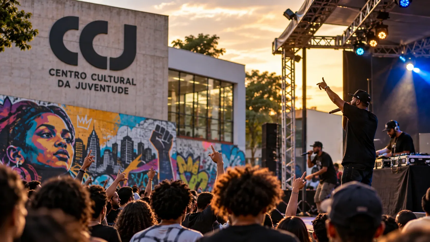 Público diante de um palco de hip hop ao ar livre no CCJ, com rappers e DJ se apresentando ao lado de murais coloridos no fim da tarde.