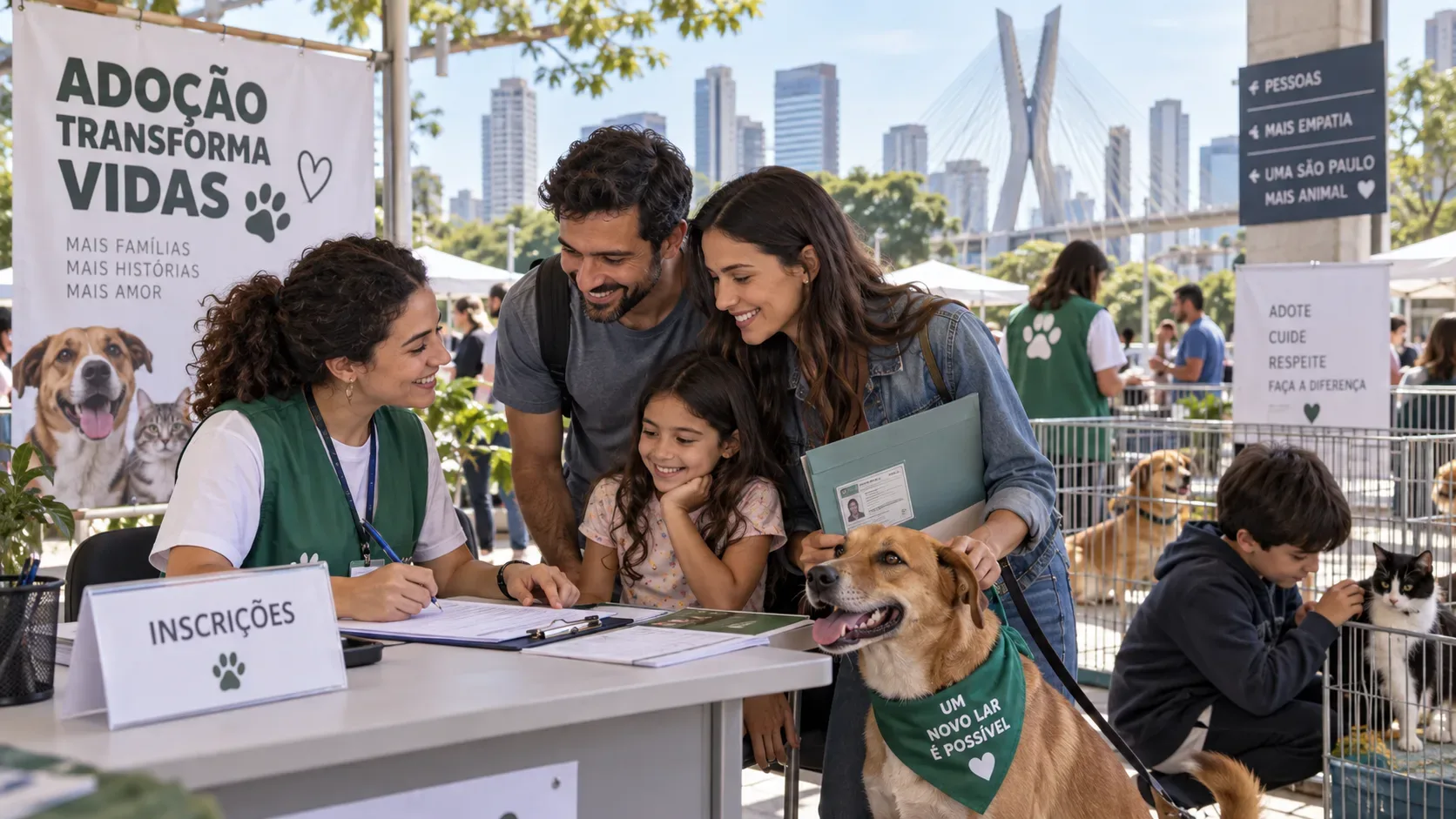 Família conversa com voluntária em mesa de inscrição de evento de adoção, com cão e gato em primeiro plano e paisagem urbana de São Paulo ao fundo.