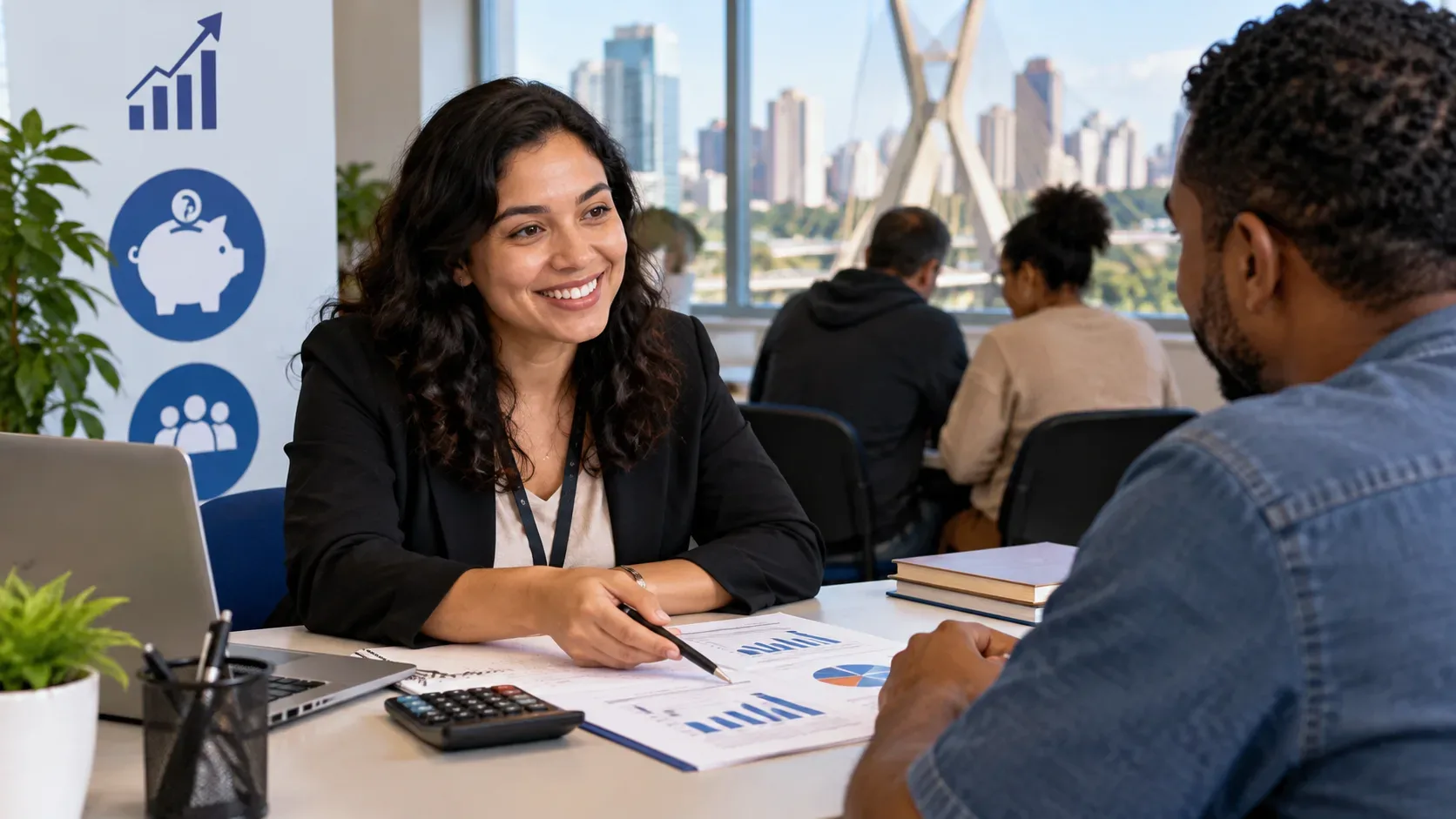 Consultora financeira conversa com um morador em uma mesa de atendimento, com gráficos, notebook e skyline urbano ao fundo.