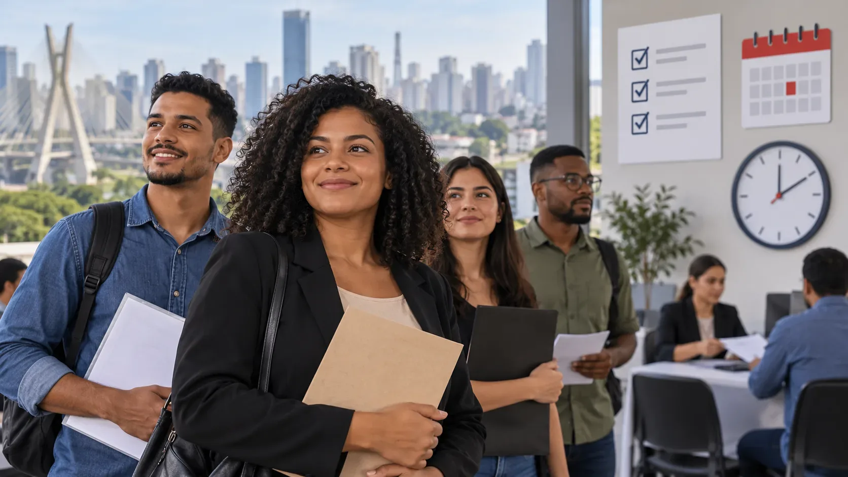 Candidatos com pastas em ambiente de seleção de emprego, com skyline de São Paulo ao fundo e ícones de checklist, calendário e relógio.