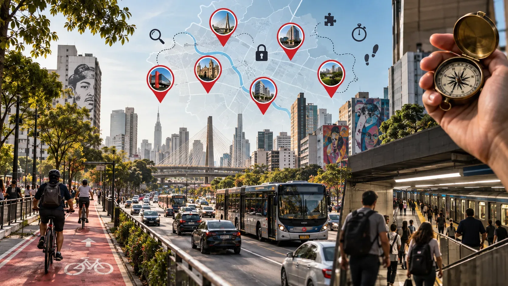 Vista urbana de São Paulo com ciclovia, ônibus, metrô, mapa com sete marcadores e ícones de enigmas, além de uma mão segurando uma bússola.
