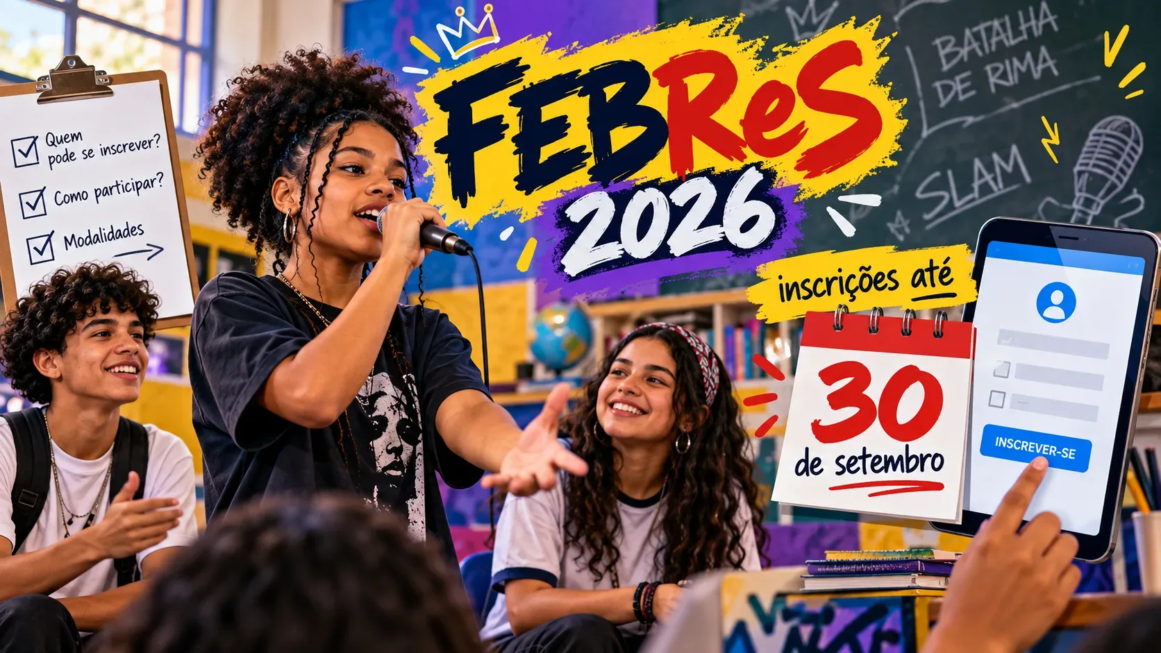 Estudantes em ambiente escolar participam de uma apresentação de rima com microfone, ao lado de checklist, calendário de 30 de setembro e formulário de inscrição em celular.