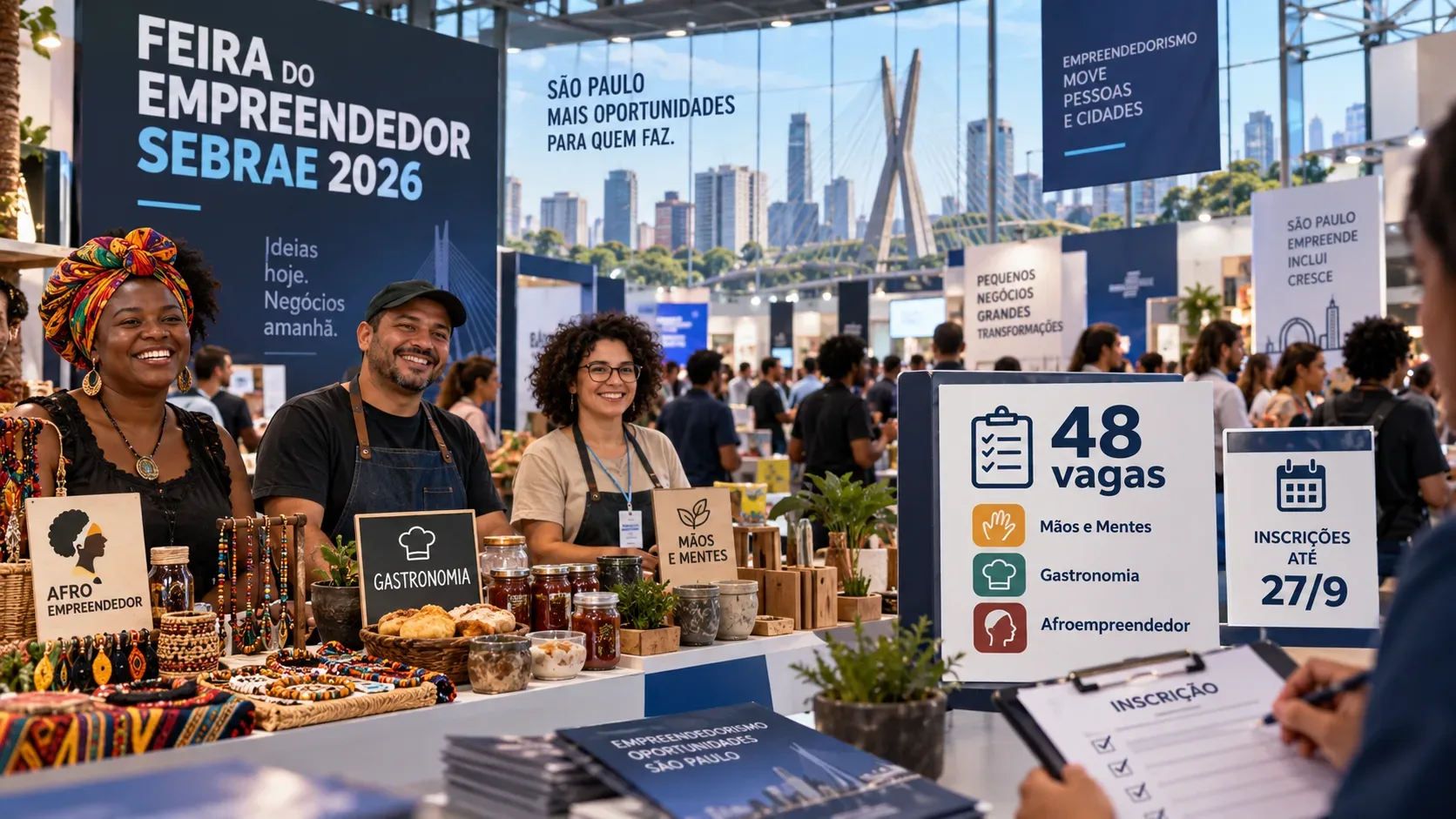 Feira de empreendedorismo em São Paulo com expositores de artesanato, gastronomia e afroempreendedorismo, painel de 48 vagas e área de inscrição.