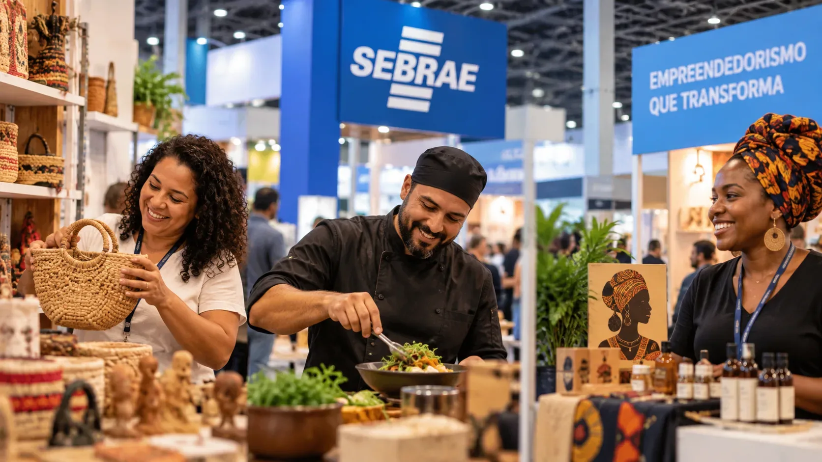 Três empreendedores em estandes de artesanato, gastronomia e negócios afro em uma feira de empreendedorismo.
