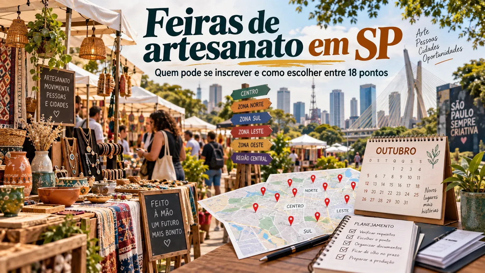 Feira de artesanato ao ar livre em São Paulo, com barracas de produtos manuais, mapa com marcadores, calendário de outubro e skyline da cidade ao fundo.