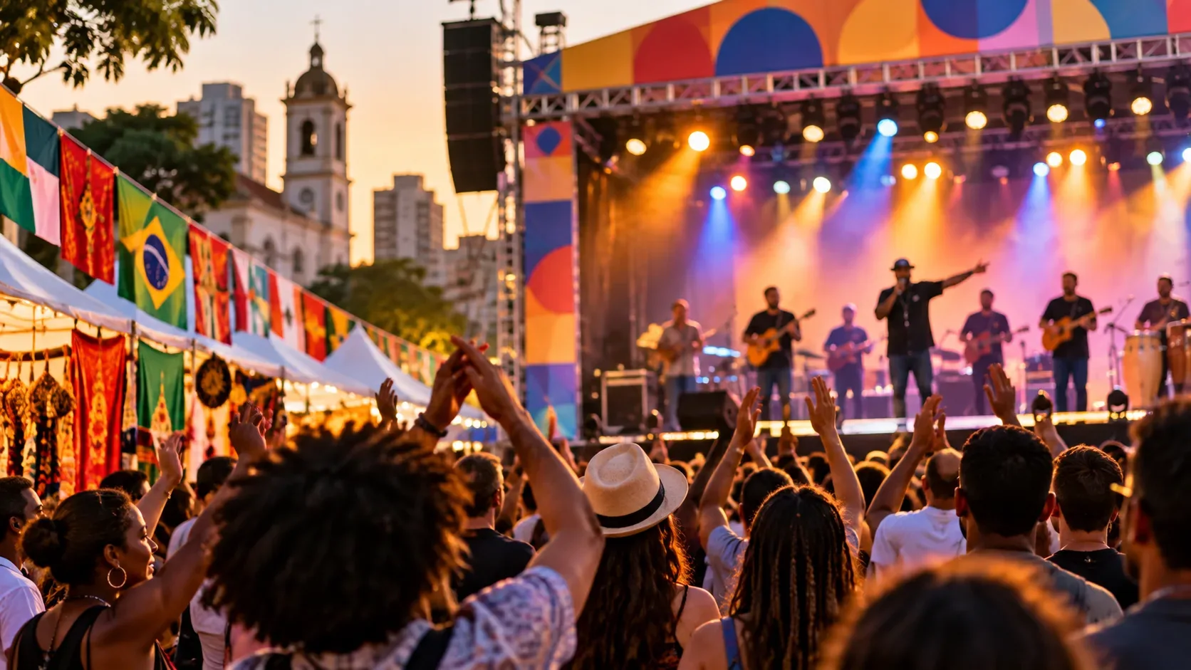 Festival multicultural ao ar livre com público diante de um palco iluminado, tendas culturais e bandeiras ao redor da praça.