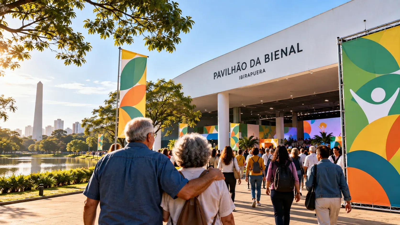 Entrada ensolarada do Pavilhão da Bienal no Ibirapuera, com um casal idoso e outros visitantes caminhando em direção ao evento entre banners coloridos.