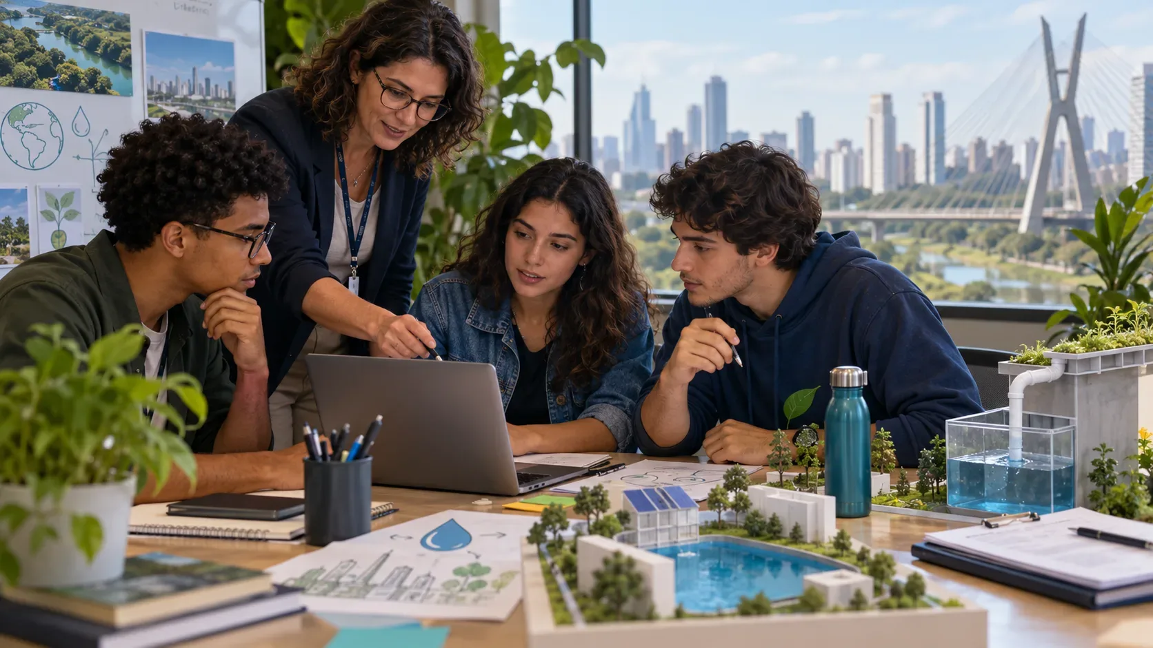 Três estudantes e uma professora orientadora trabalham em um projeto de soluções hídricas com notebook e maquetes, diante do skyline de São Paulo e da Ponte Estaiada.