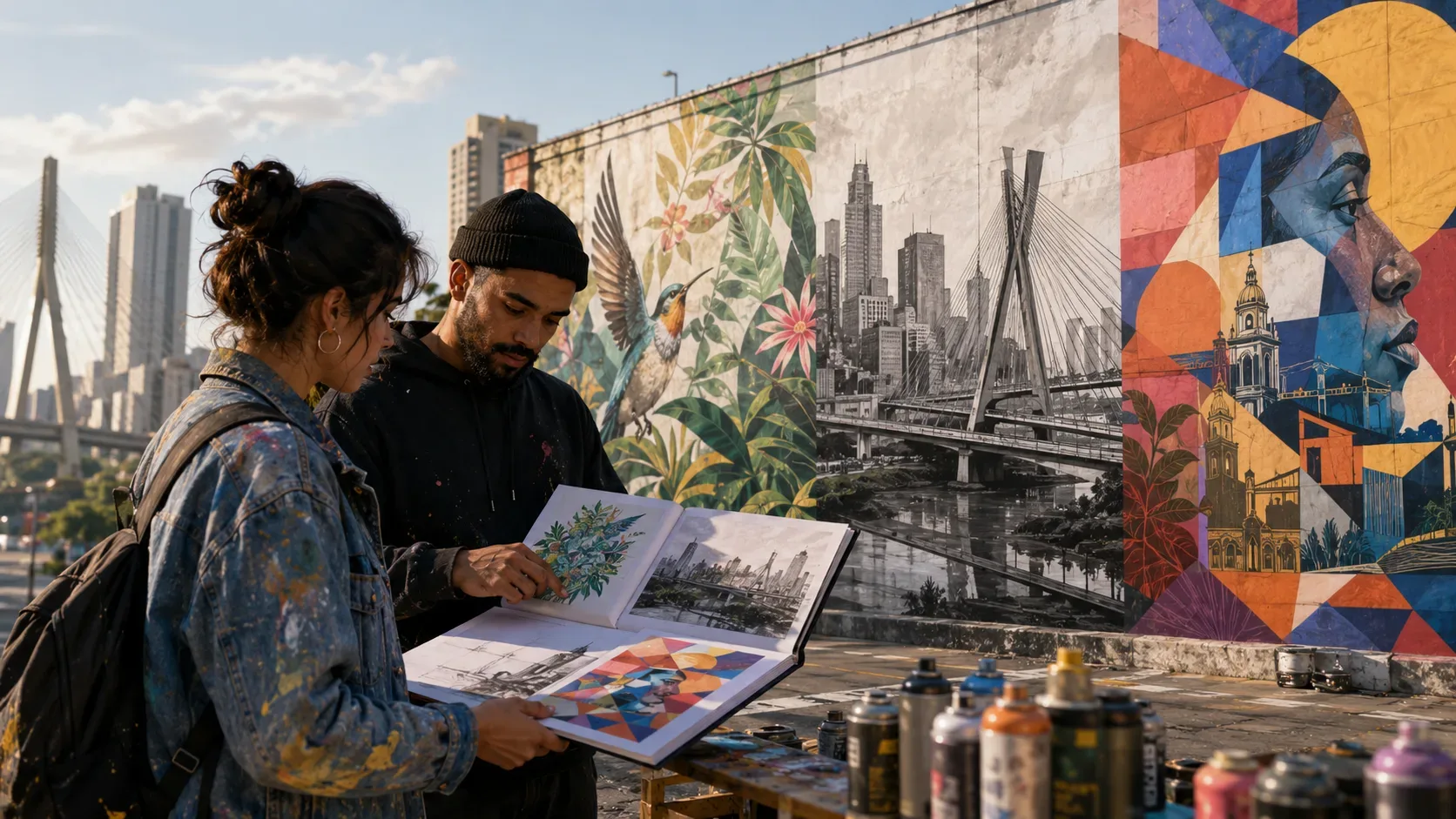 Dois artistas analisam um portfólio diante de um grande mural de arte urbana em São Paulo, com latas de spray e a paisagem da cidade ao fundo.