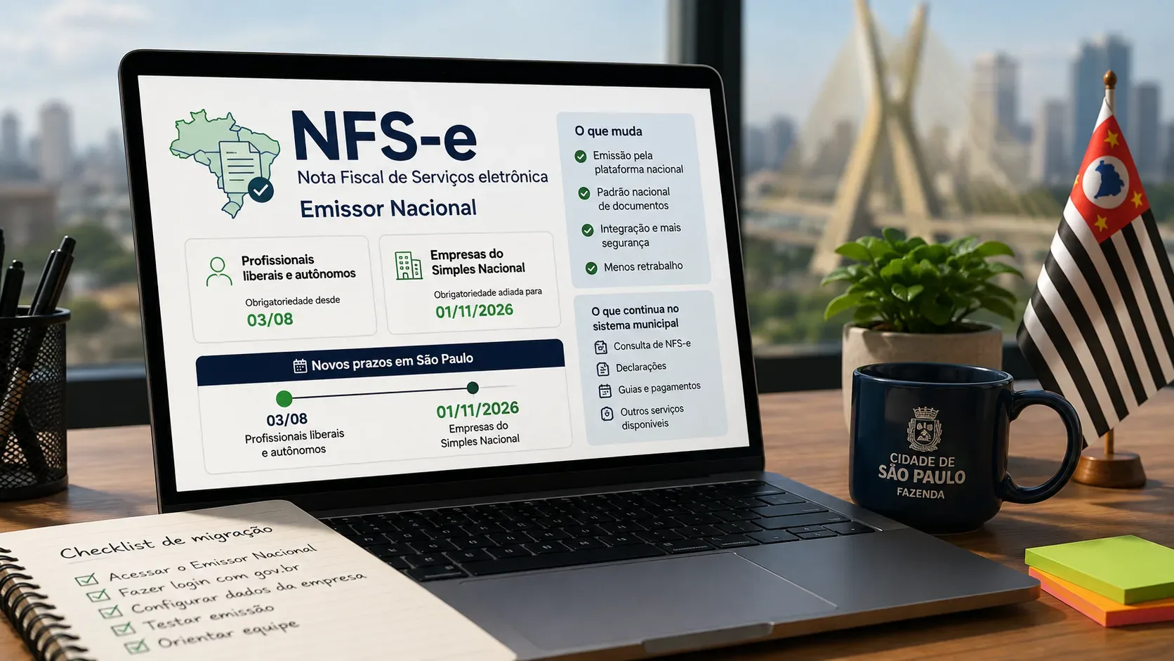 Notebook aberto sobre mesa mostra orientações da NFS-e e do Emissor Nacional, com datas de migração, checklist, bandeira e cenário urbano de São Paulo ao fundo.