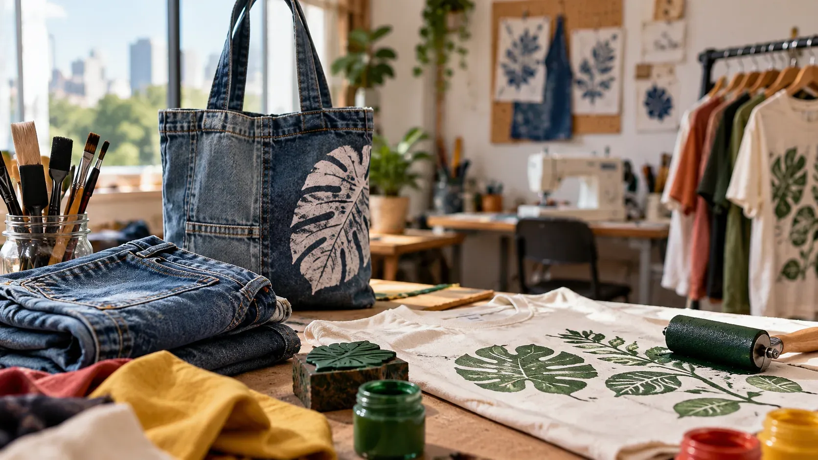 Mesa de oficina têxtil com bolsa de jeans reaproveitado, camiseta estampada com folhas, rolo de tinta, tintas e máquina de costura ao fundo.
