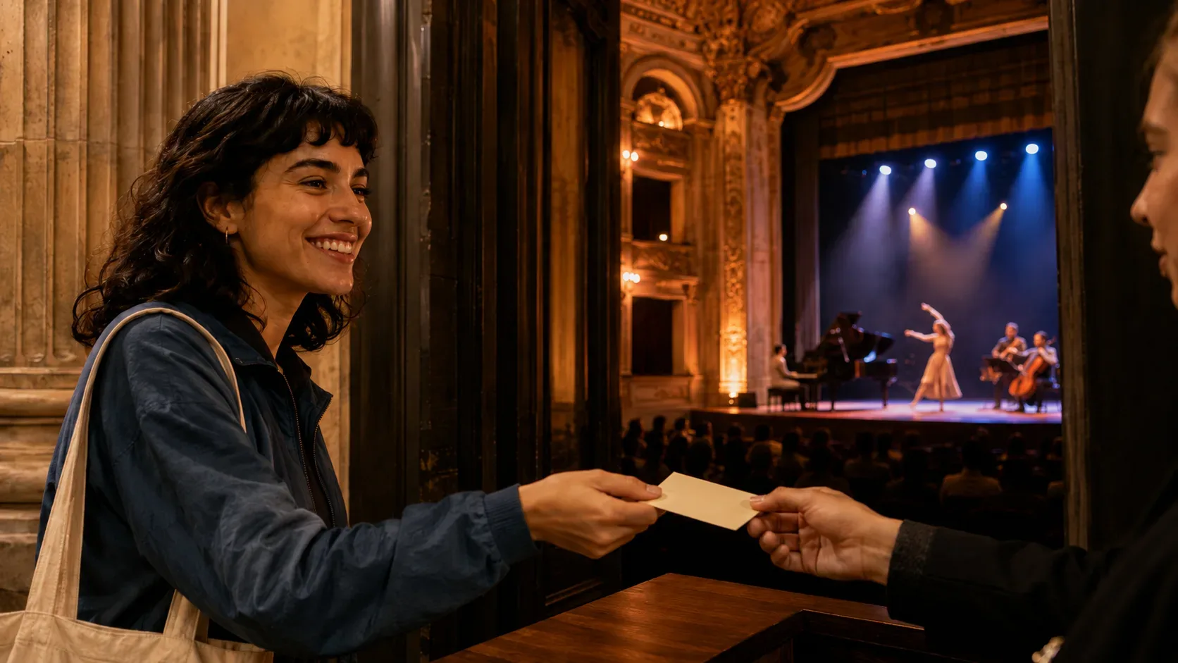 Mulher recebe um ingresso sem texto na entrada de um teatro de arquitetura clássica, com palco iluminado e artistas se apresentando ao fundo.