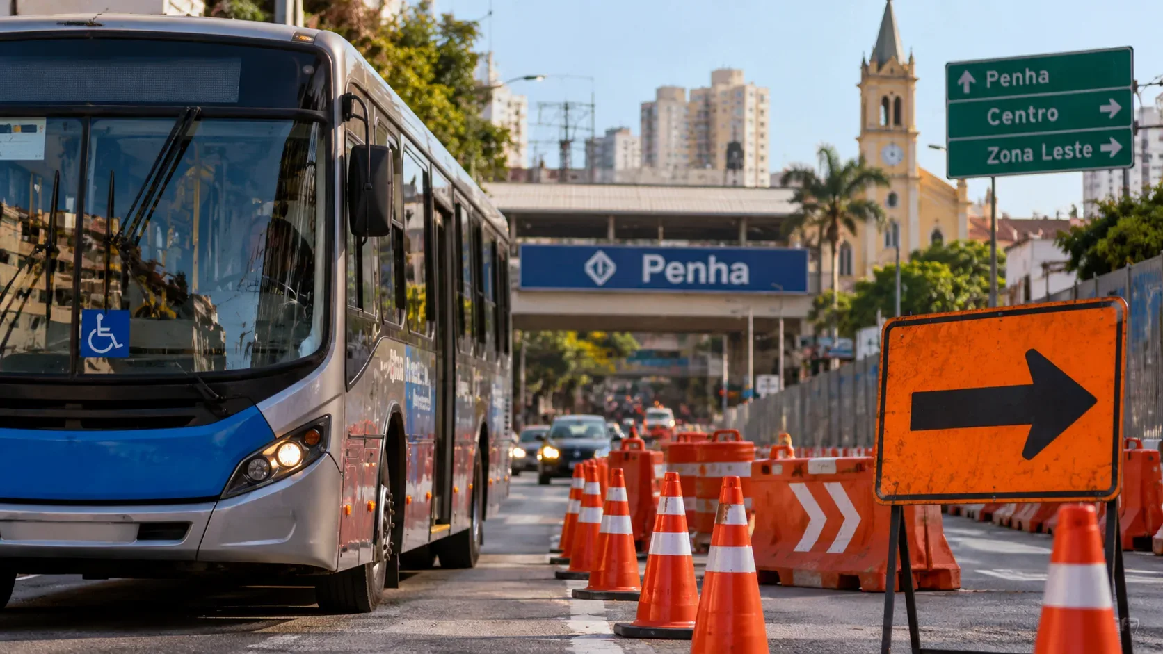 Ônibus urbano passa ao lado de cones e barreiras de obra em uma avenida da Penha, com sinalização de desvio e cenário urbano ao fundo.