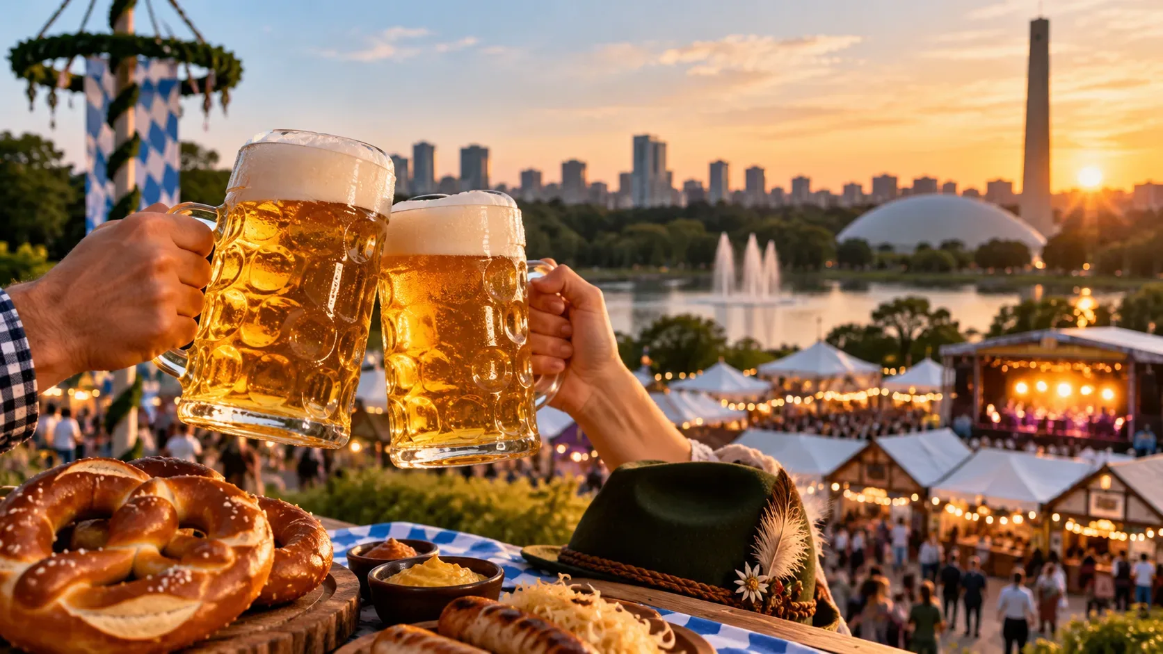 Canecas de chope brindando sobre mesa com pretzels e comida alemã, diante de uma Oktoberfest ao entardecer no Parque Ibirapuera.