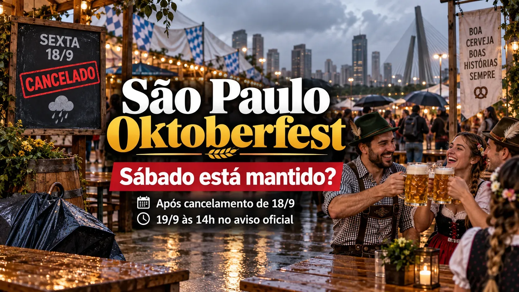 Cena de Oktoberfest em São Paulo sob céu nublado, com piso molhado, guarda-chuvas, pessoas em trajes típicos brindando com canecas de cerveja e texto editorial destacando o cancelamento de 18/9 e a programação de sábado.