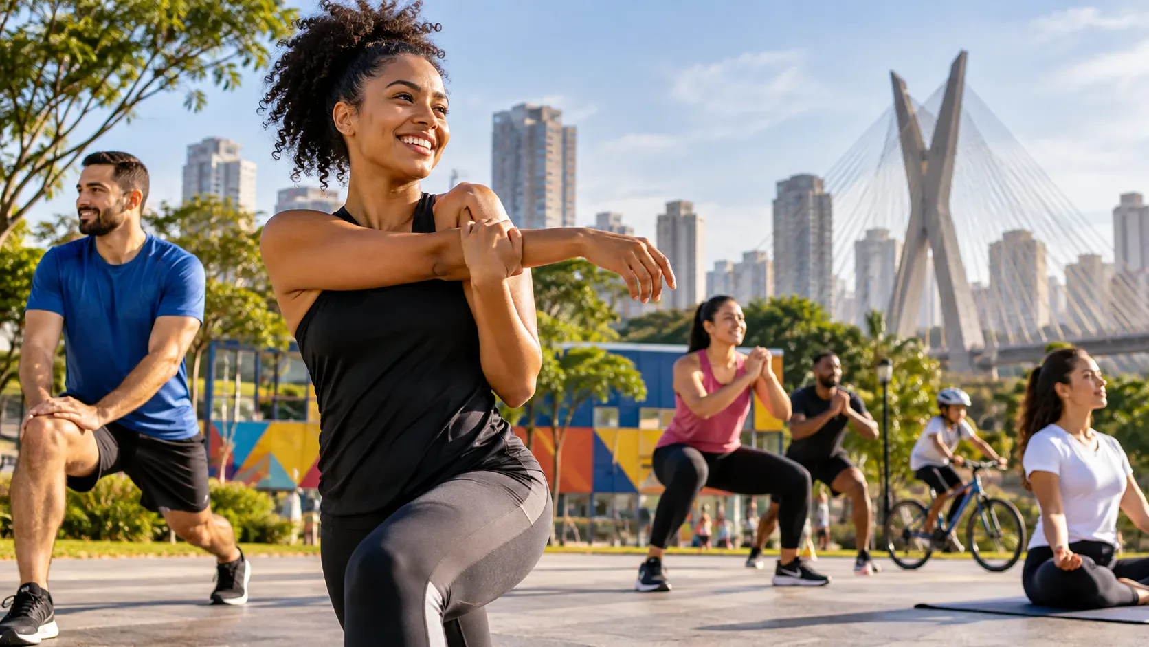 Pessoas se exercitam ao ar livre em uma praça urbana de São Paulo, com edifícios e uma ponte estaiada ao fundo.
