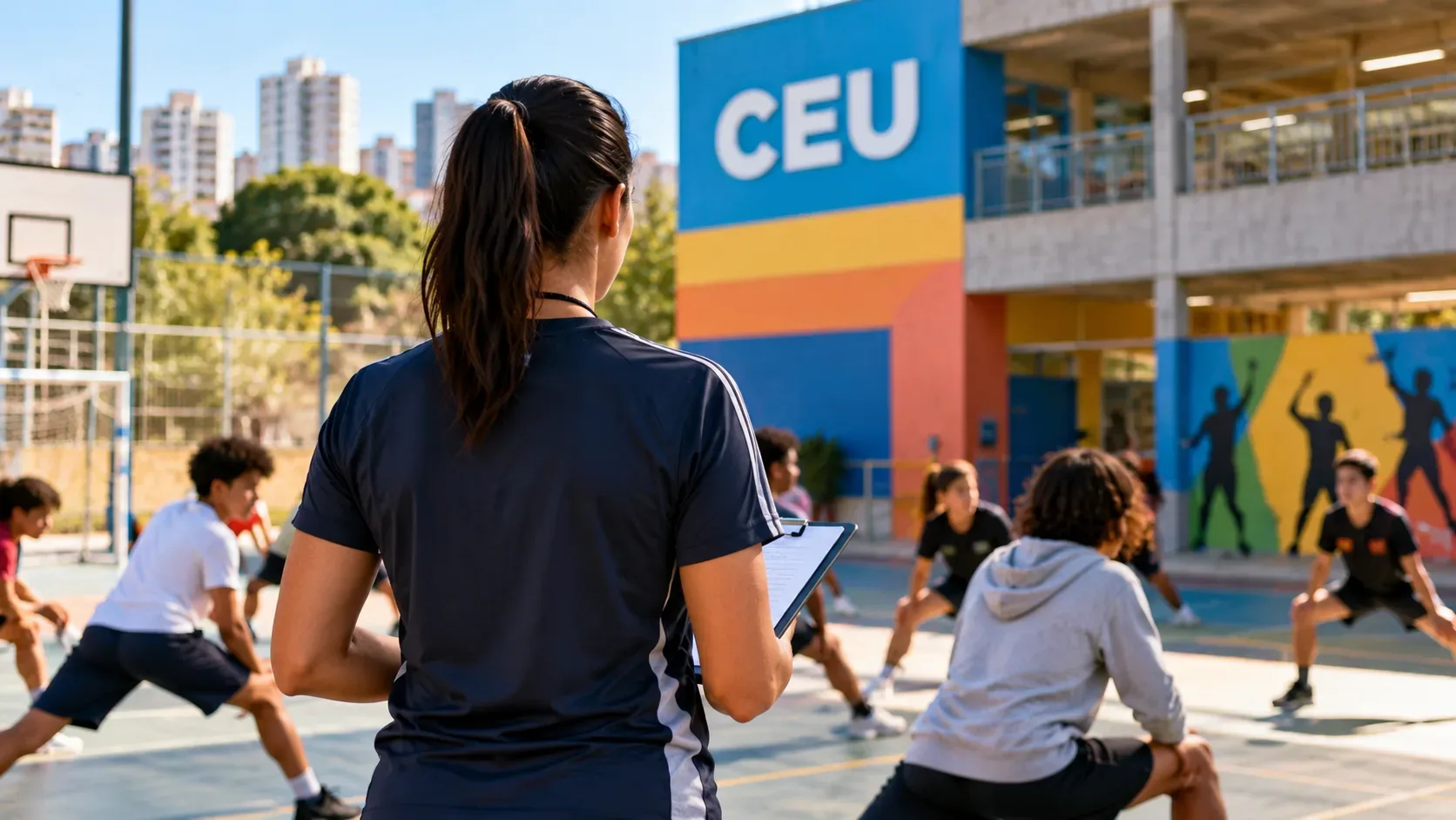 Profissional de Educação Física com prancheta acompanha jovens durante atividade em quadra de um CEU, com o prédio colorido do centro educacional ao fundo.