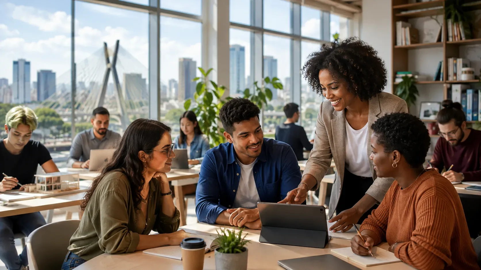 Participantes e mentora colaboram em uma capacitação em espaço moderno de aprendizagem, com notebooks, tablet e vista urbana de São Paulo.