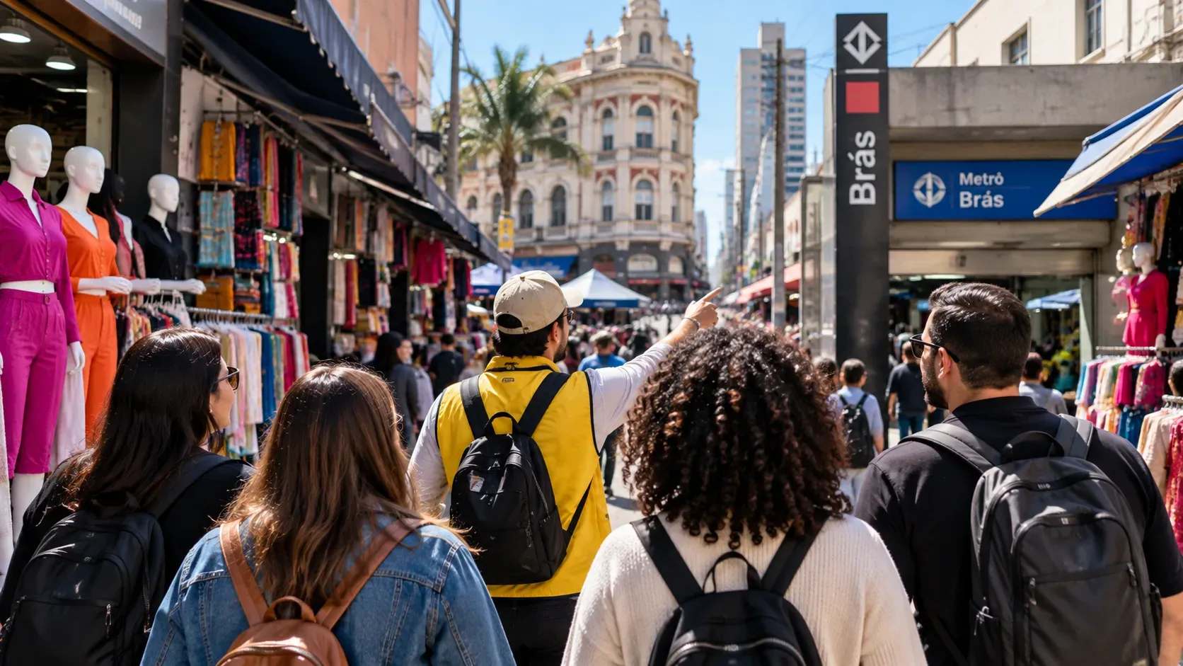 Guia conduz um grupo a pé entre lojas de roupas no Brás, com a entrada do Metrô Brás e prédios urbanos ao fundo.