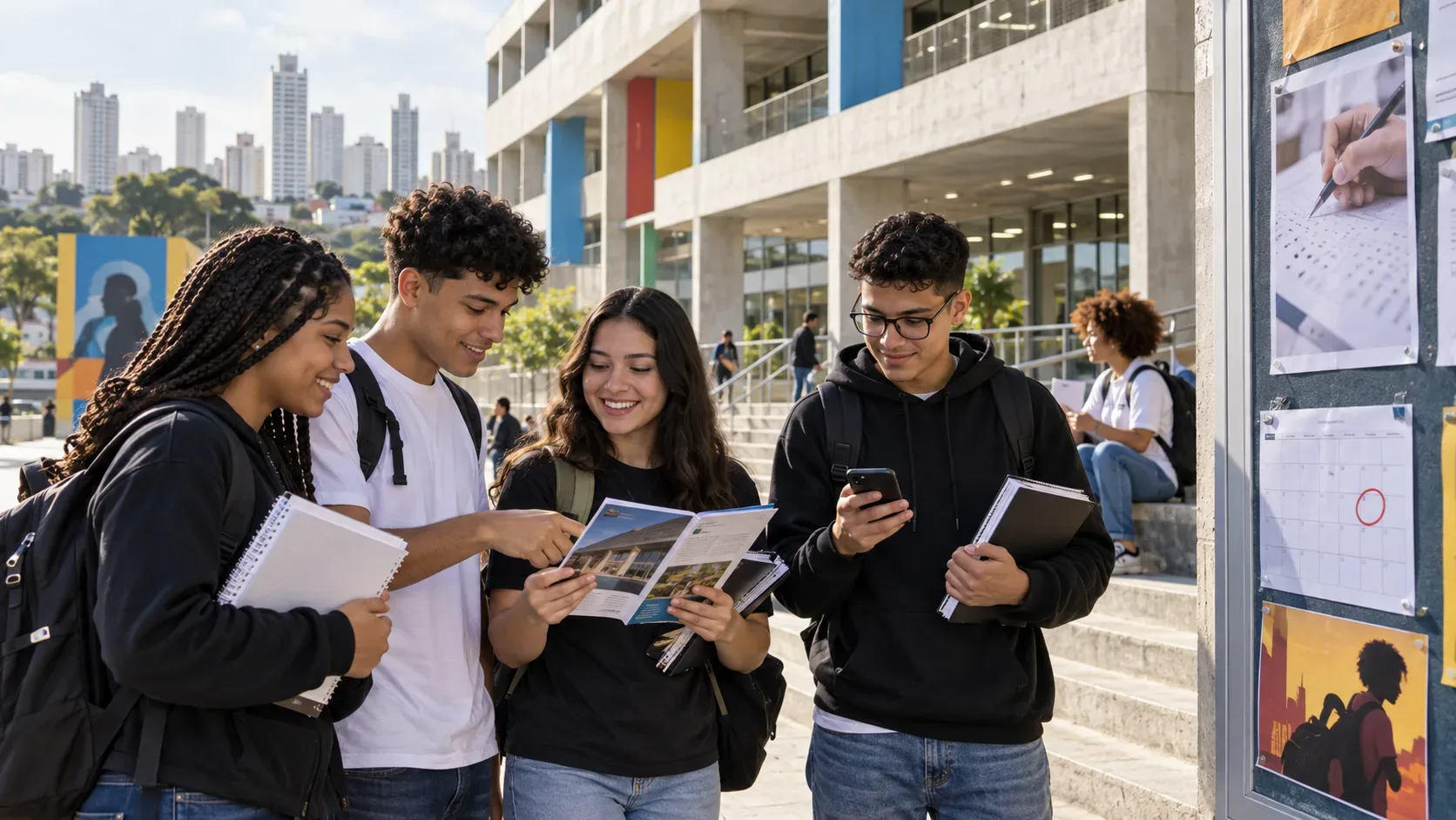 Quatro estudantes com cadernos, folheto e celular diante de um prédio educacional moderno, com quadro de avisos e calendário ao lado.