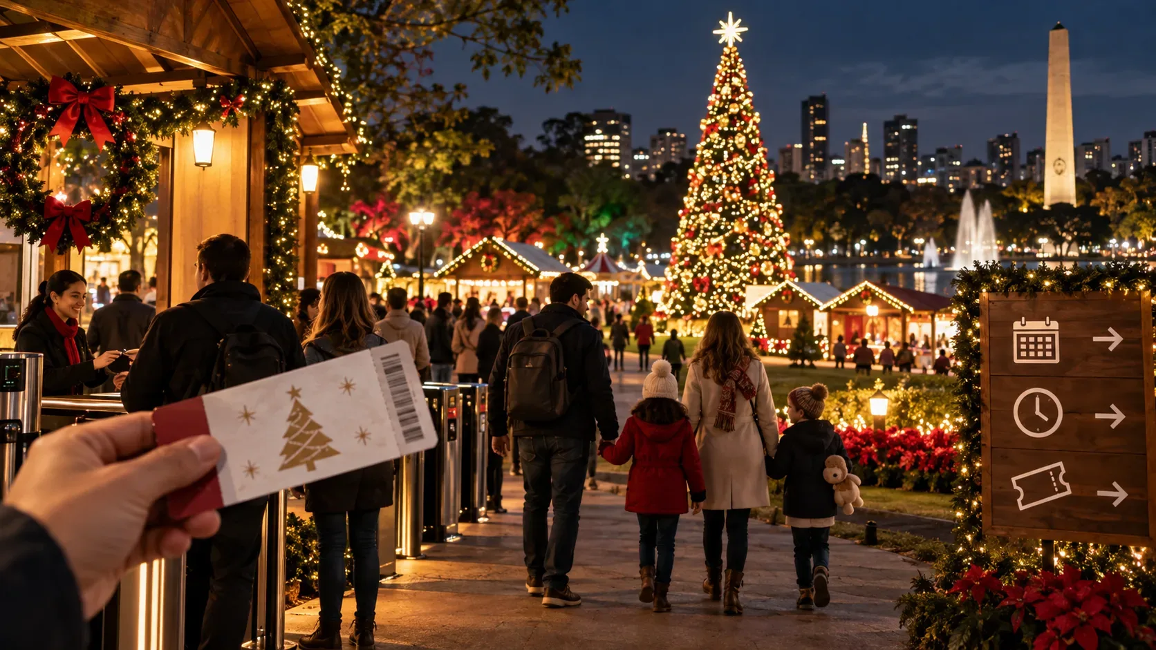 Família entra em evento natalino iluminado no Ibirapuera, com ingresso em primeiro plano, grande árvore de Natal e skyline de São Paulo ao fundo.