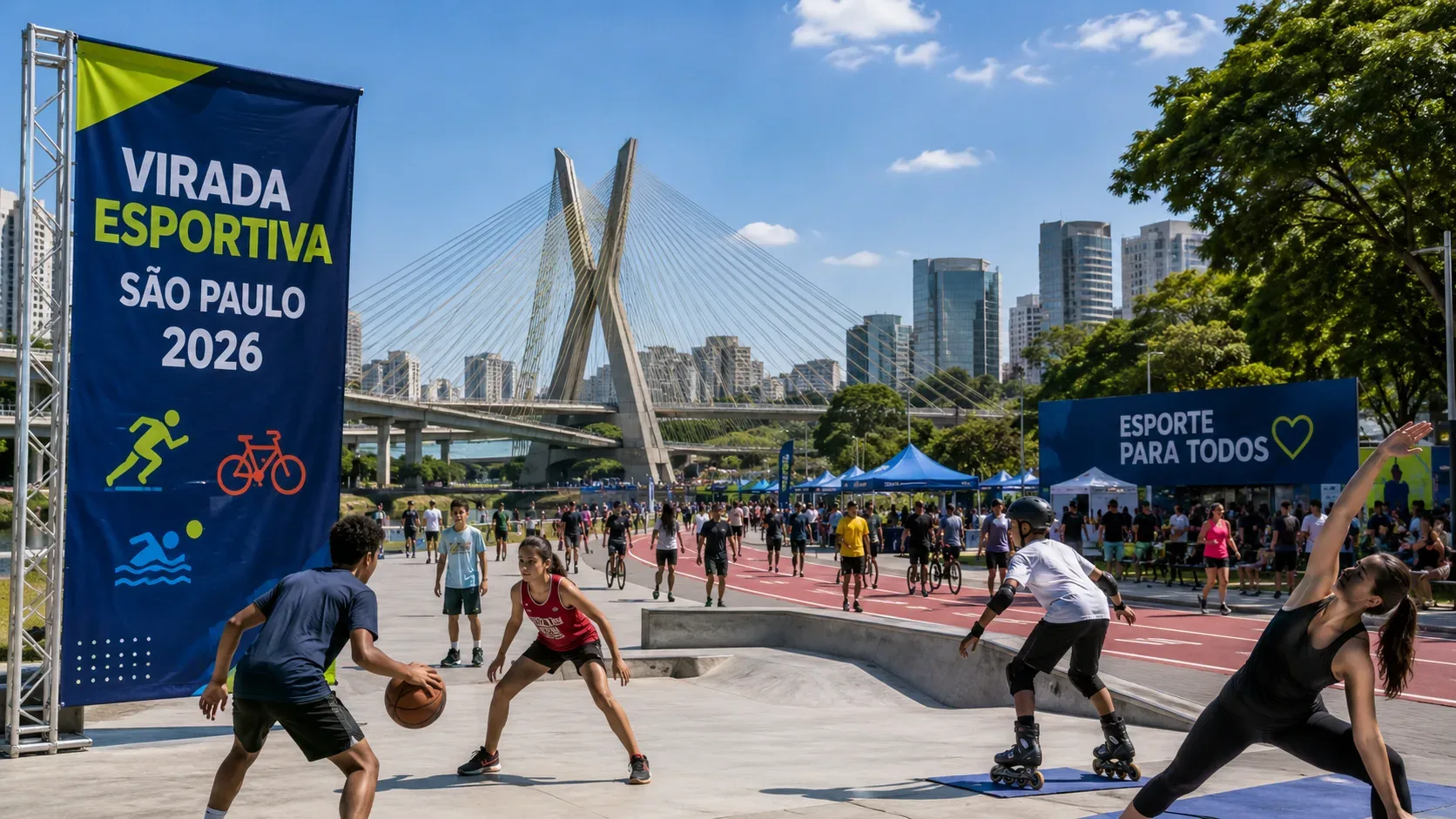 Festival esportivo ao ar livre em São Paulo, com basquete, patinação, corrida e ciclismo diante de ponte estaiada e banners da Virada Esportiva.
