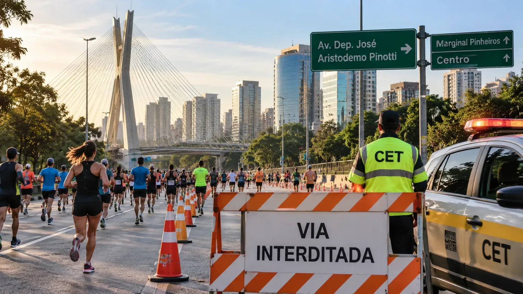 Corredores ocupam avenida de São Paulo ao amanhecer, com cones, barreira de interdição e agente da CET ao lado da pista.