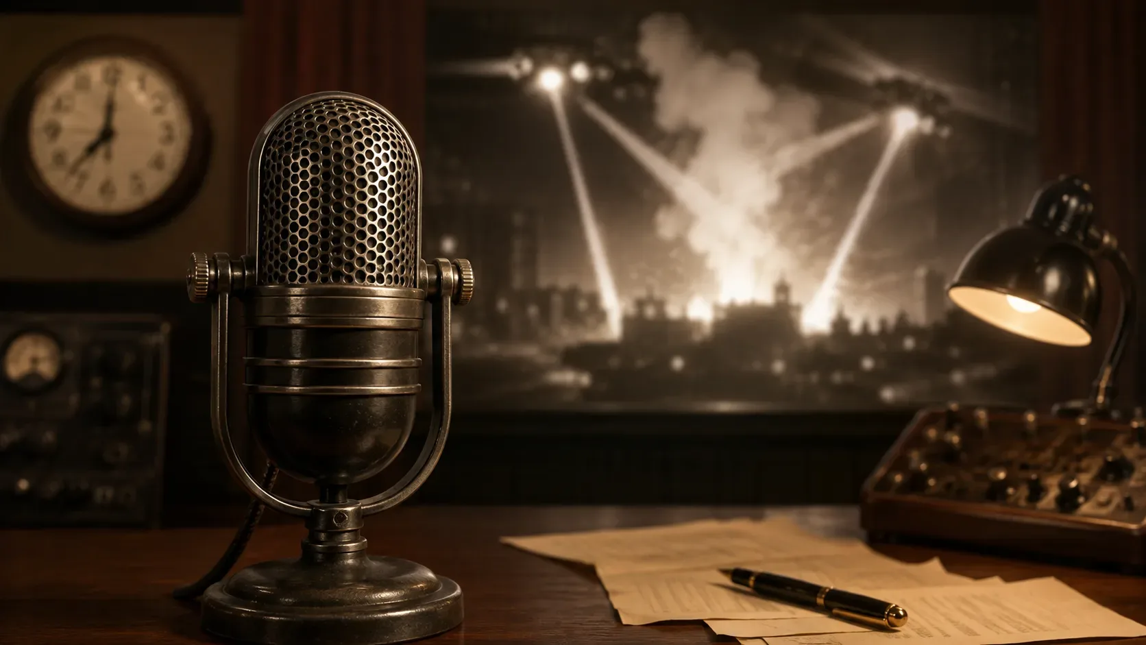 Microfone de rádio antigo em um estúdio inspirado nos anos 1930, representando a transmissão de A Guerra dos Mundos sem mostrar uma invasão marciana como fato real.
