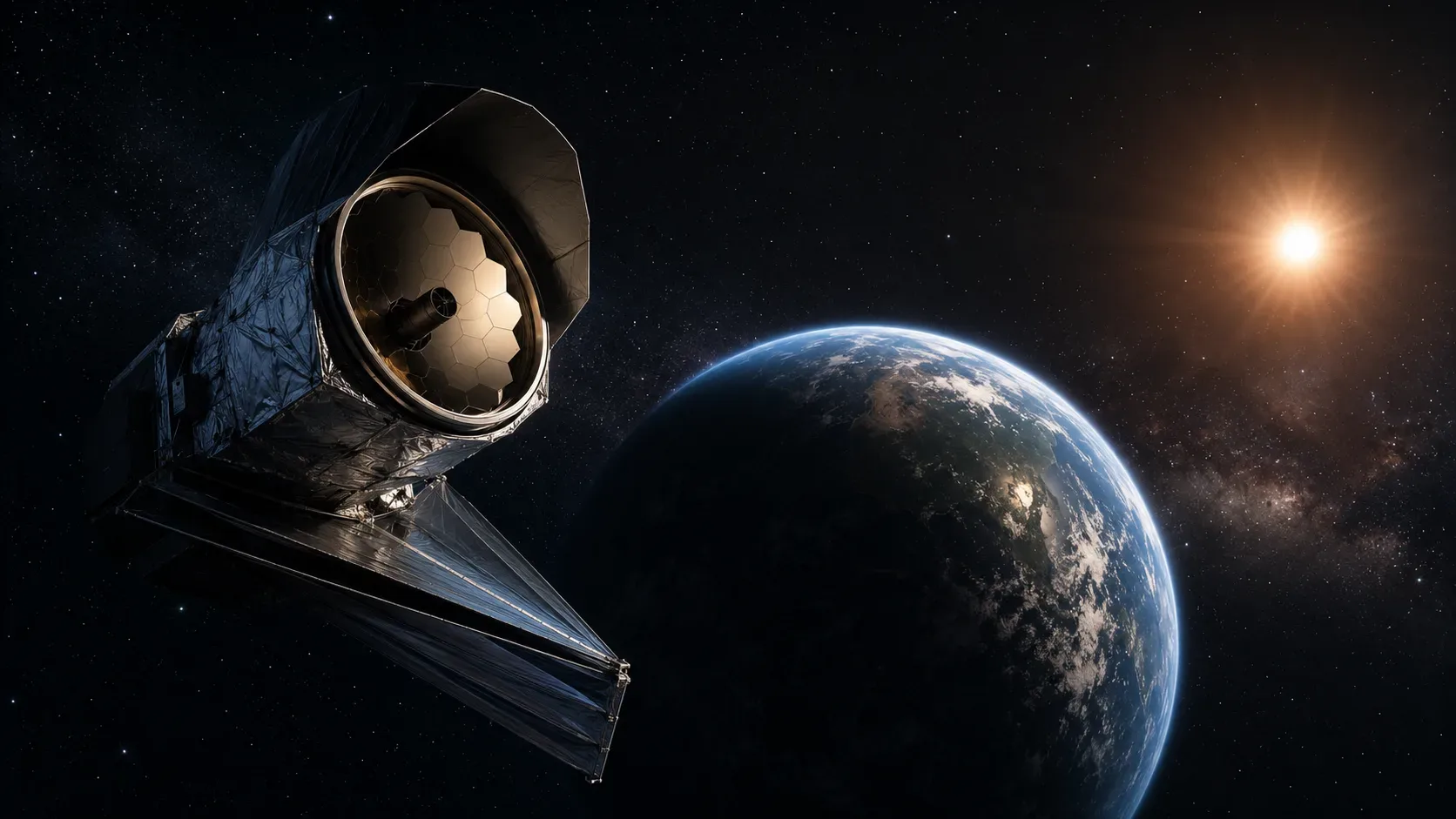 Ilustração conceitual de um observatório espacial examinando um pequeno exoplaneta próximo de uma estrela distante.