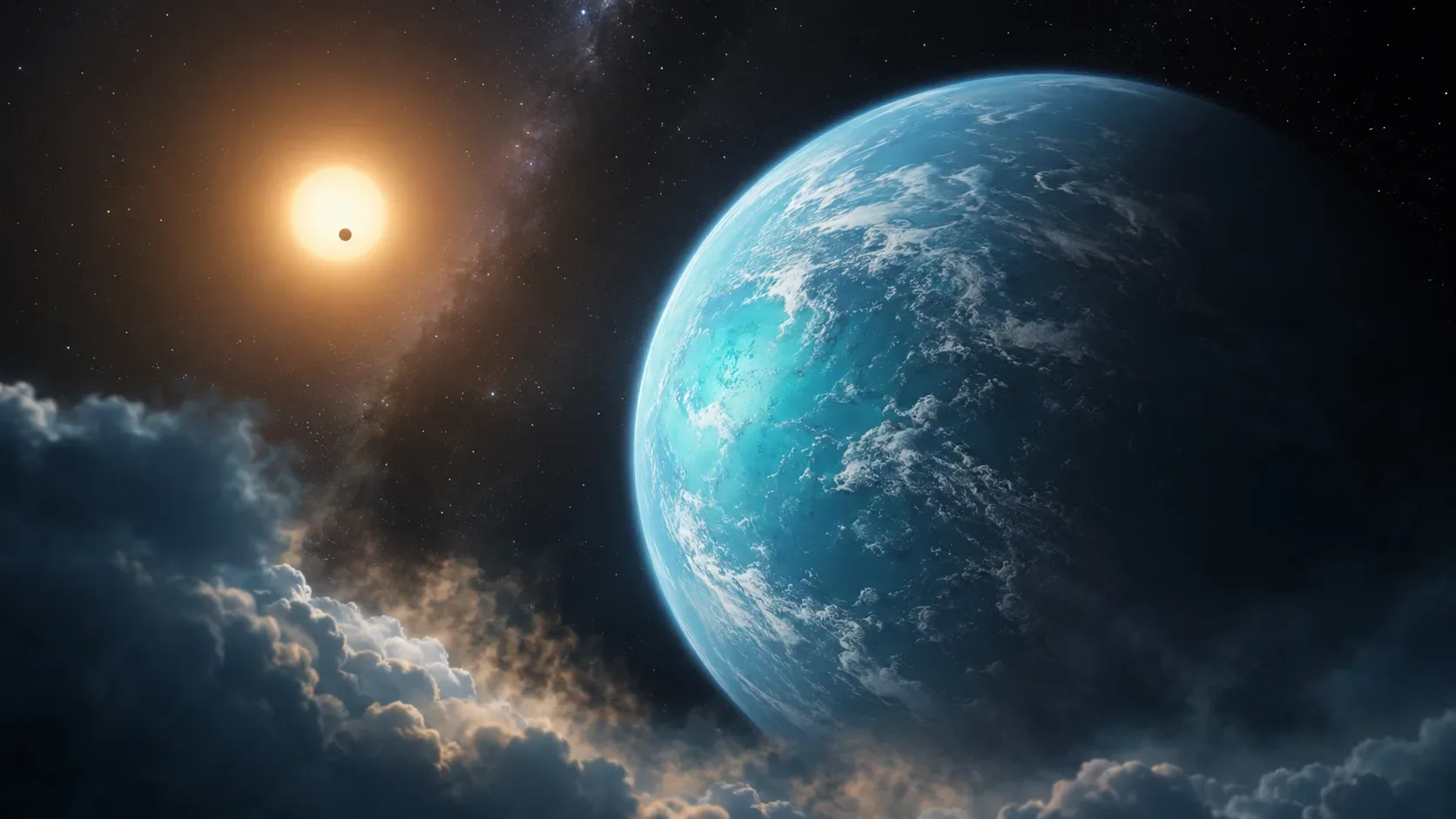 Representação editorial de K2-18 b com um espectro de transmissão do JWST ao fundo, sem sugerir que vida tenha sido confirmada.