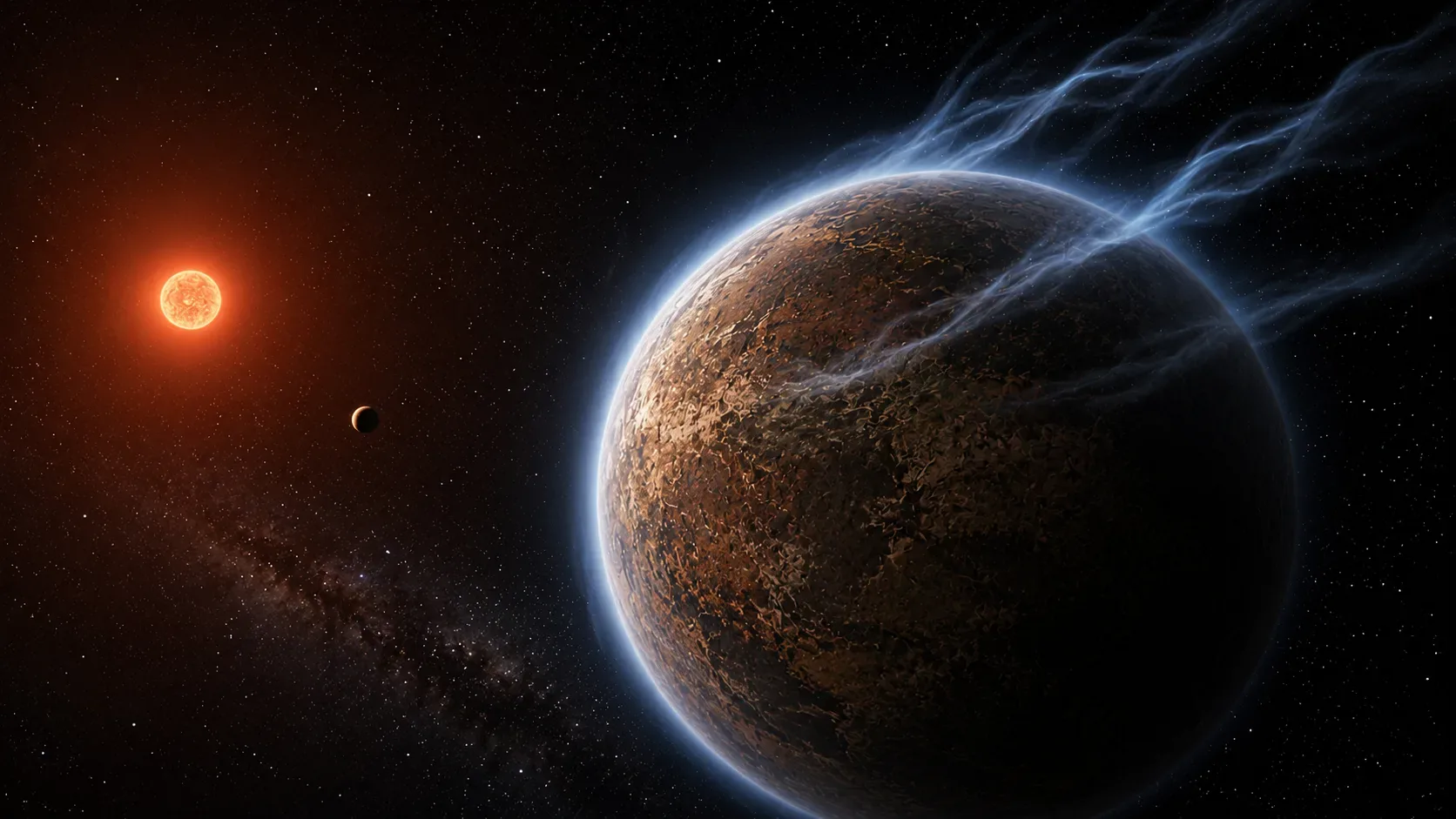 Ilustração de LHS 1140 b diante de sua estrela anã vermelha, com uma camada atmosférica sutil representando o escape de hélio.
