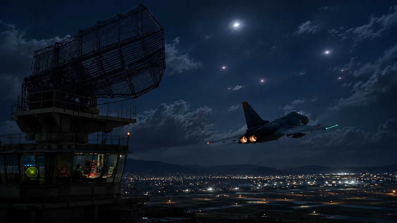 Representação editorial de radar de defesa aérea e aeronave em voo noturno, inspirada nos registros oficiais brasileiros do caso de 19 de maio de 1986.