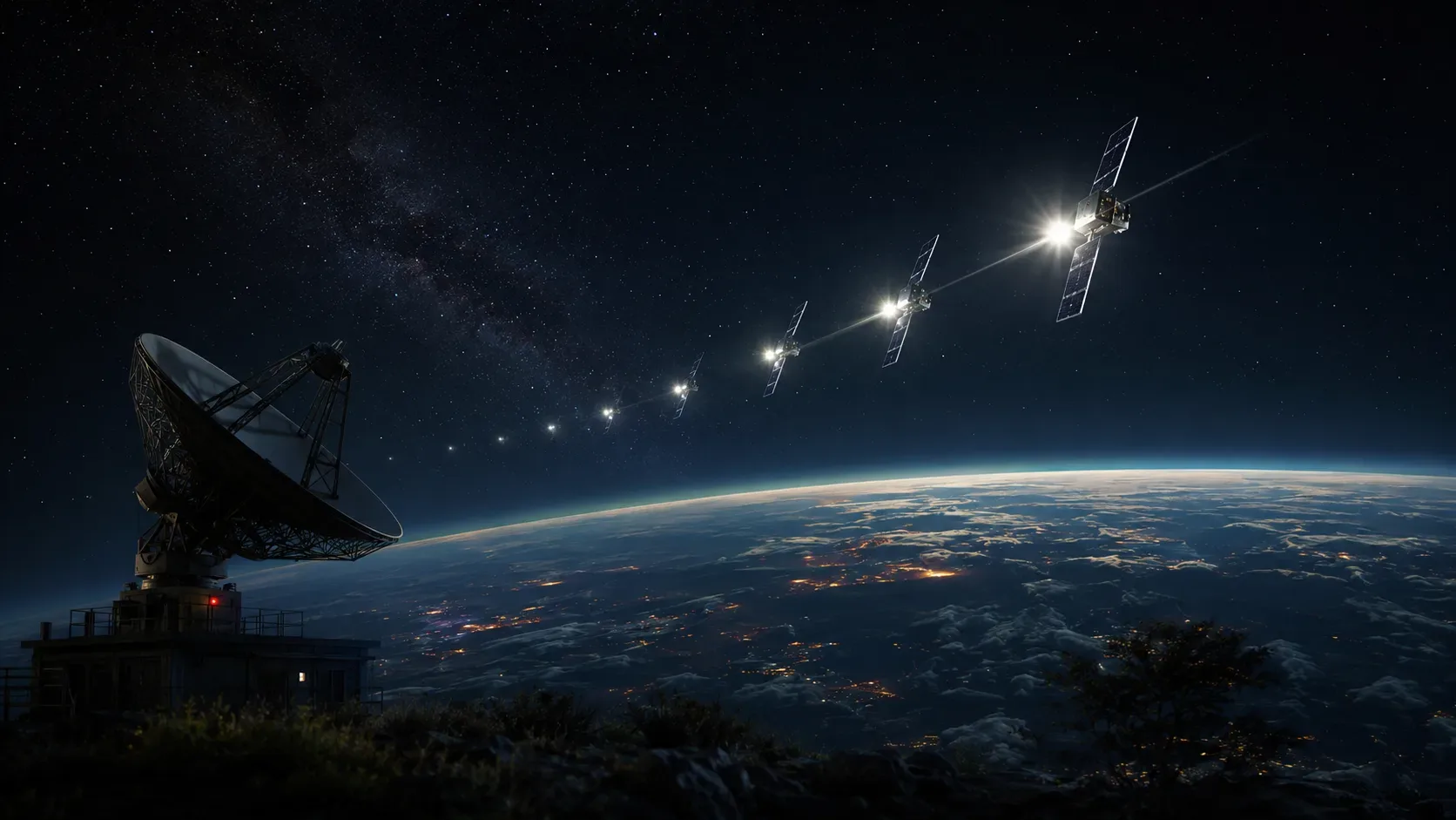 Representação editorial de pontos luminosos no céu e órbitas de satélites, sem sugerir naves ou origem extraordinária para os relatos analisados.