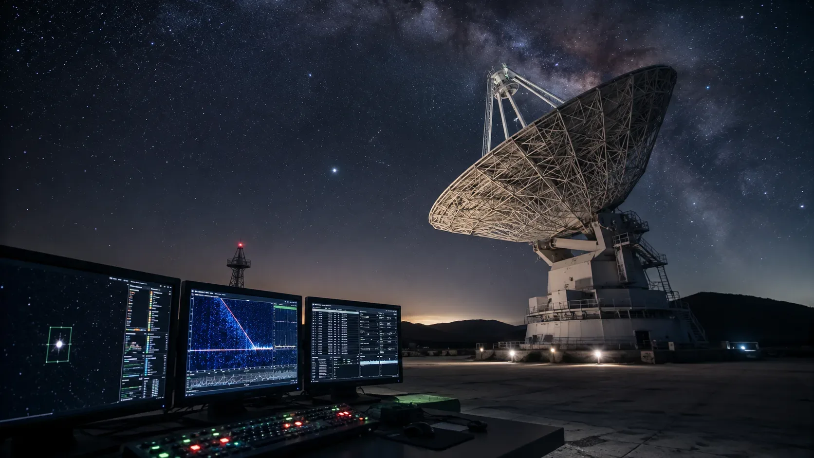 Espectrograma de rádio genérico com uma linha estreita inclinada entre painéis de observação do alvo e de referência.