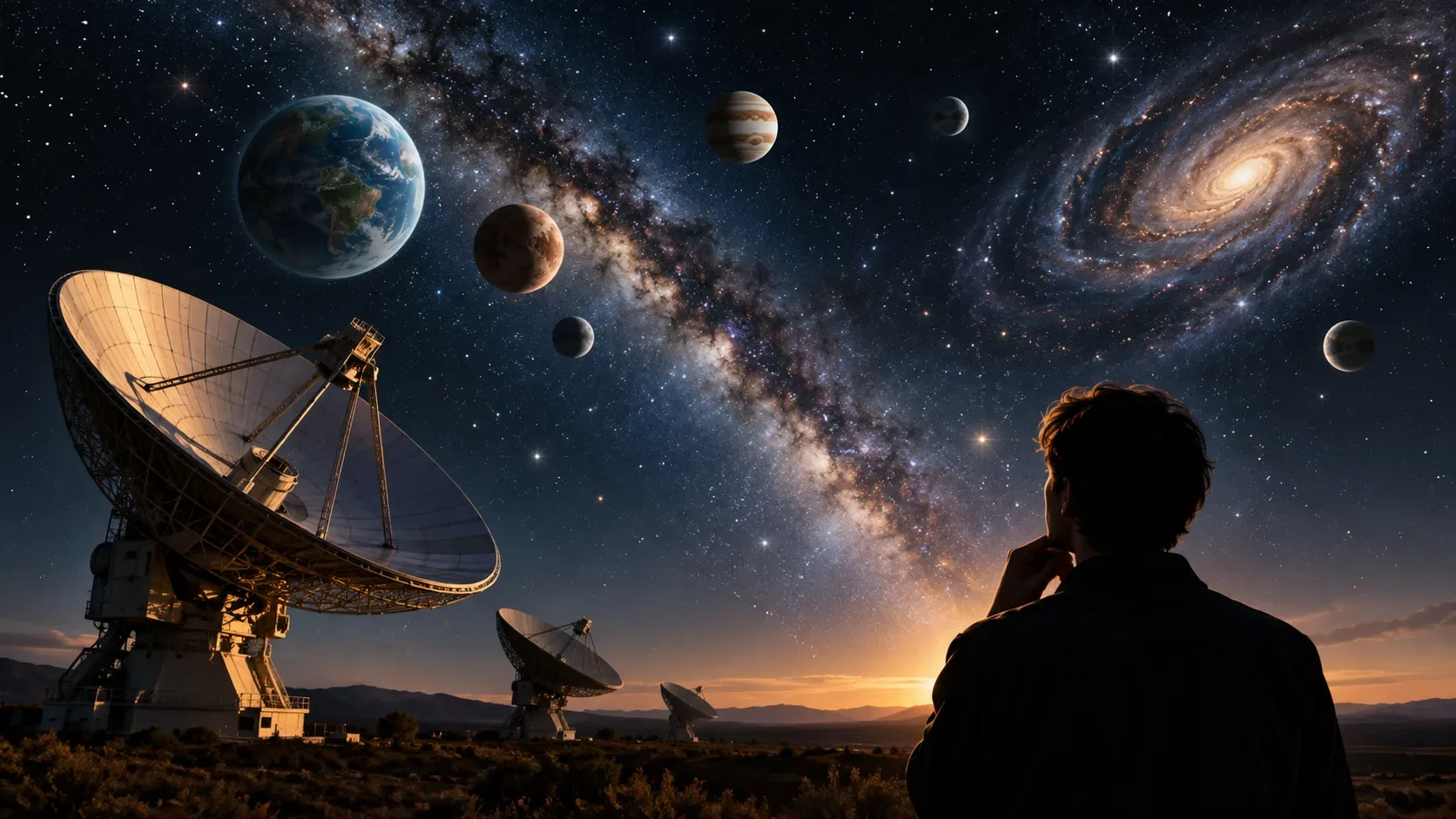 Radiotelescópios sob um céu estrelado com a Via Láctea, planetas e uma galáxia, enquanto uma pessoa observa o horizonte.