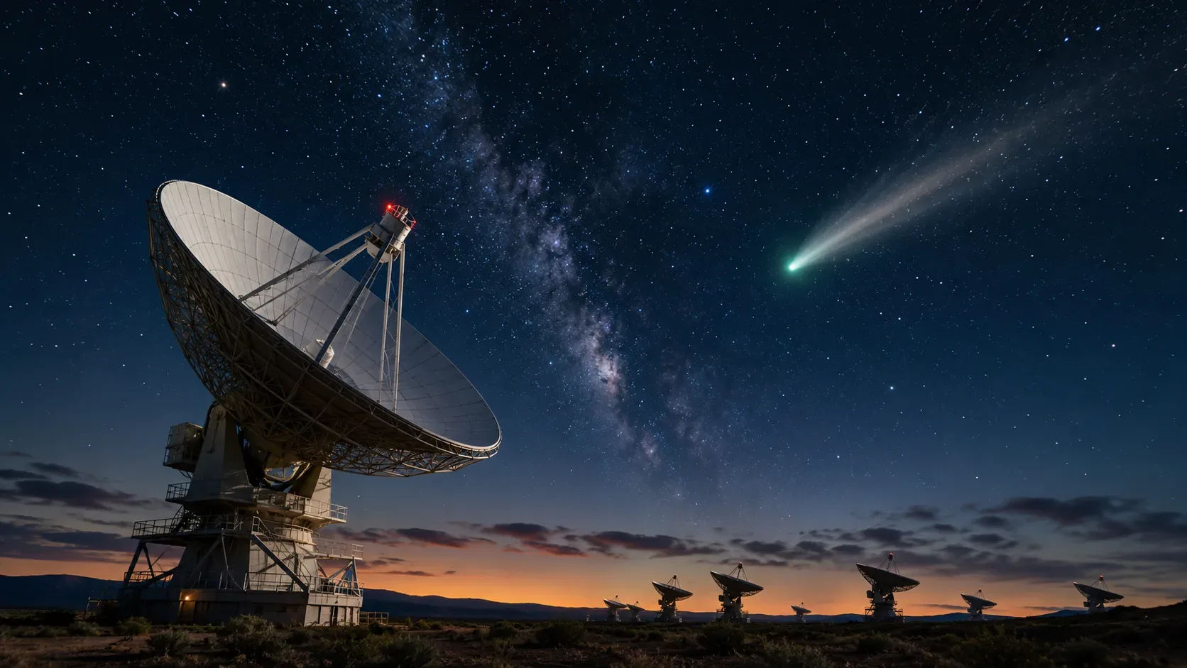 Radiotelescópios sob um céu estrelado apontam para um cometa brilhante cruzando o céu noturno.