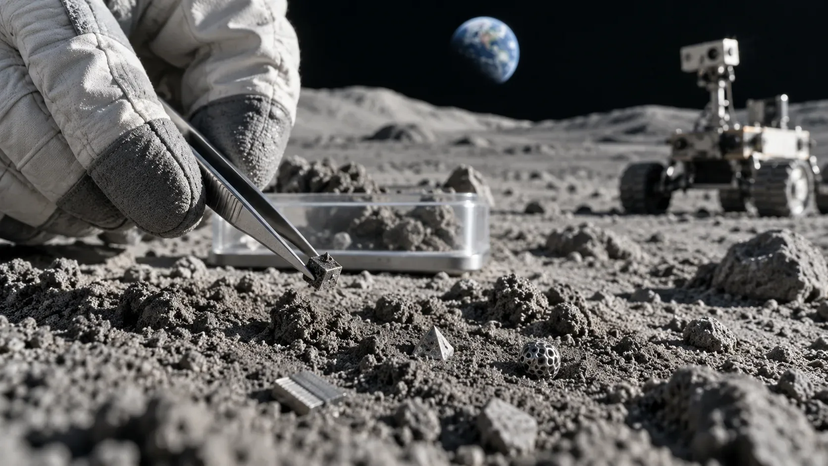 Mão enluvada usa uma pinça para coletar um pequeno fragmento geométrico no regolito lunar, com bandeja de amostras, rover e a Terra ao fundo.