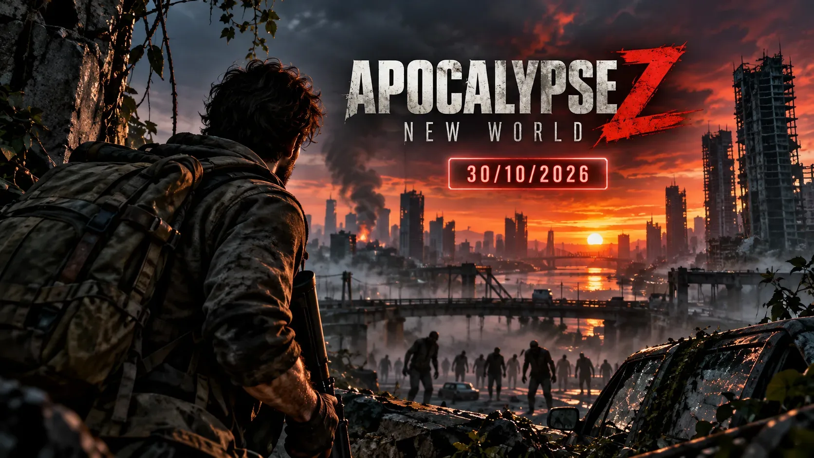 Sobrevivente com mochila observa cidade destruída ao pôr do sol e silhuetas de infectados; a capa exibe o título Apocalypse Z: New World e a data 30/10/2026.