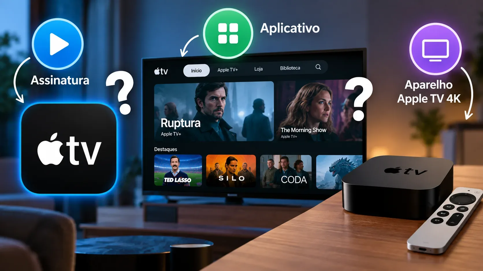 Sala de estar com TV exibindo a interface Apple TV, símbolos de assinatura e aplicativo e um aparelho Apple TV 4K com controle remoto em primeiro plano.