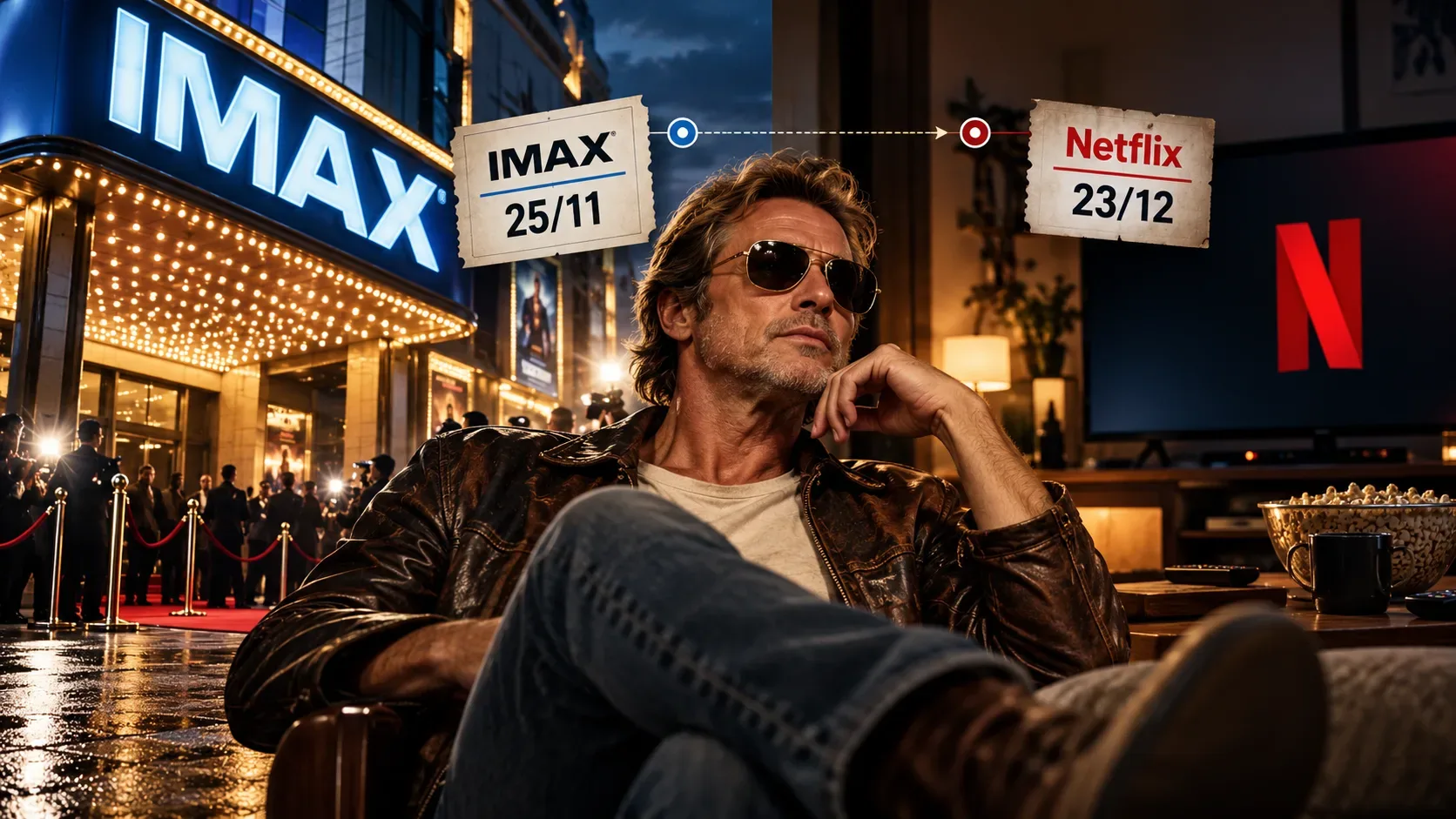 Arte cinematográfica com homem de óculos escuros e jaqueta marrom ao centro, fachada IMAX e data 25/11 à esquerda, televisão com símbolo da Netflix e data 23/12 à direita.