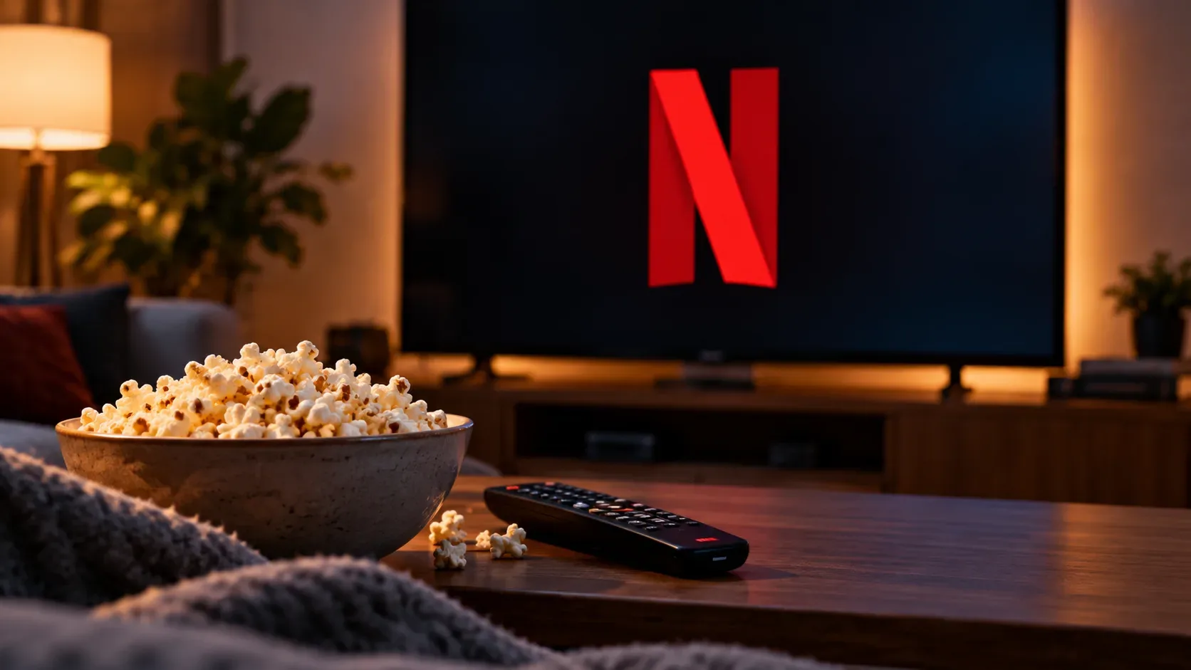 Sala aconchegante com televisão exibindo o símbolo vermelho da Netflix, tigela de pipoca e controle remoto sobre a mesa.