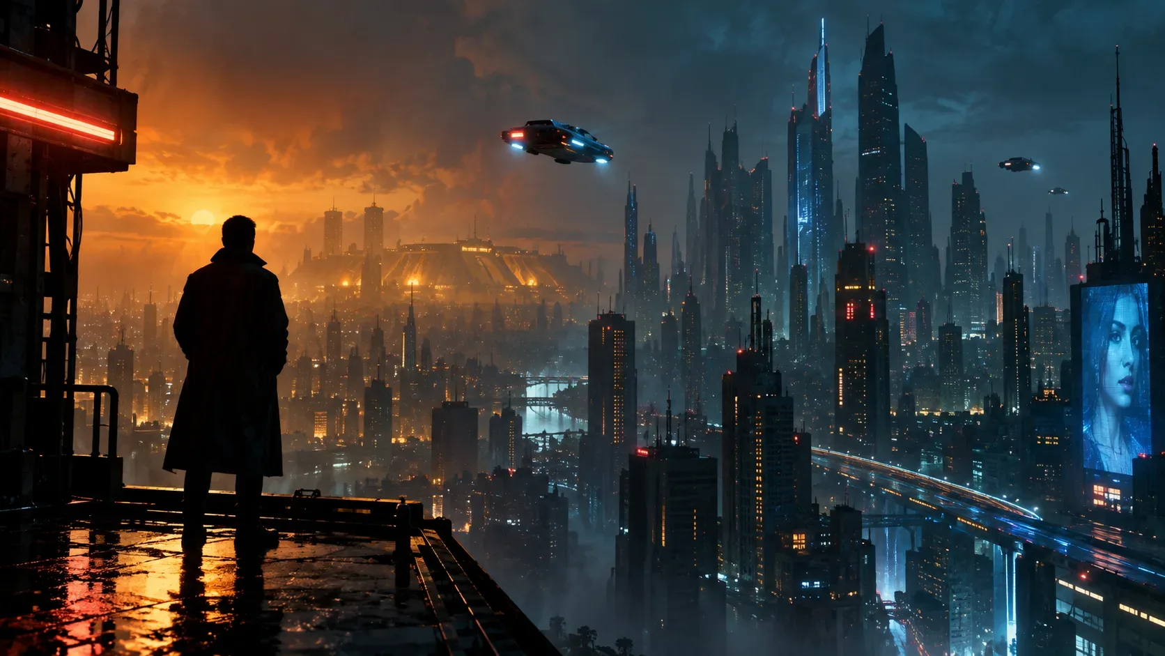 Metrópole futurista chuvosa ao entardecer, com arranha-céus iluminados, veículos voadores e uma pessoa de casaco observando a cidade de um terraço.