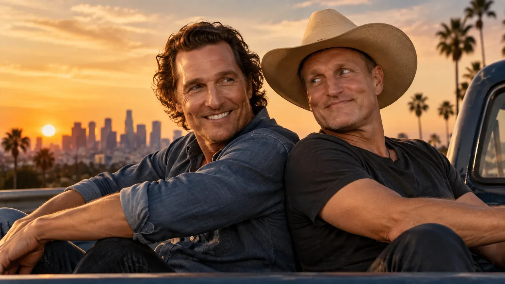 Dois homens sentados na caçamba de uma picape ao pôr do sol, com skyline urbano e palmeiras ao fundo.