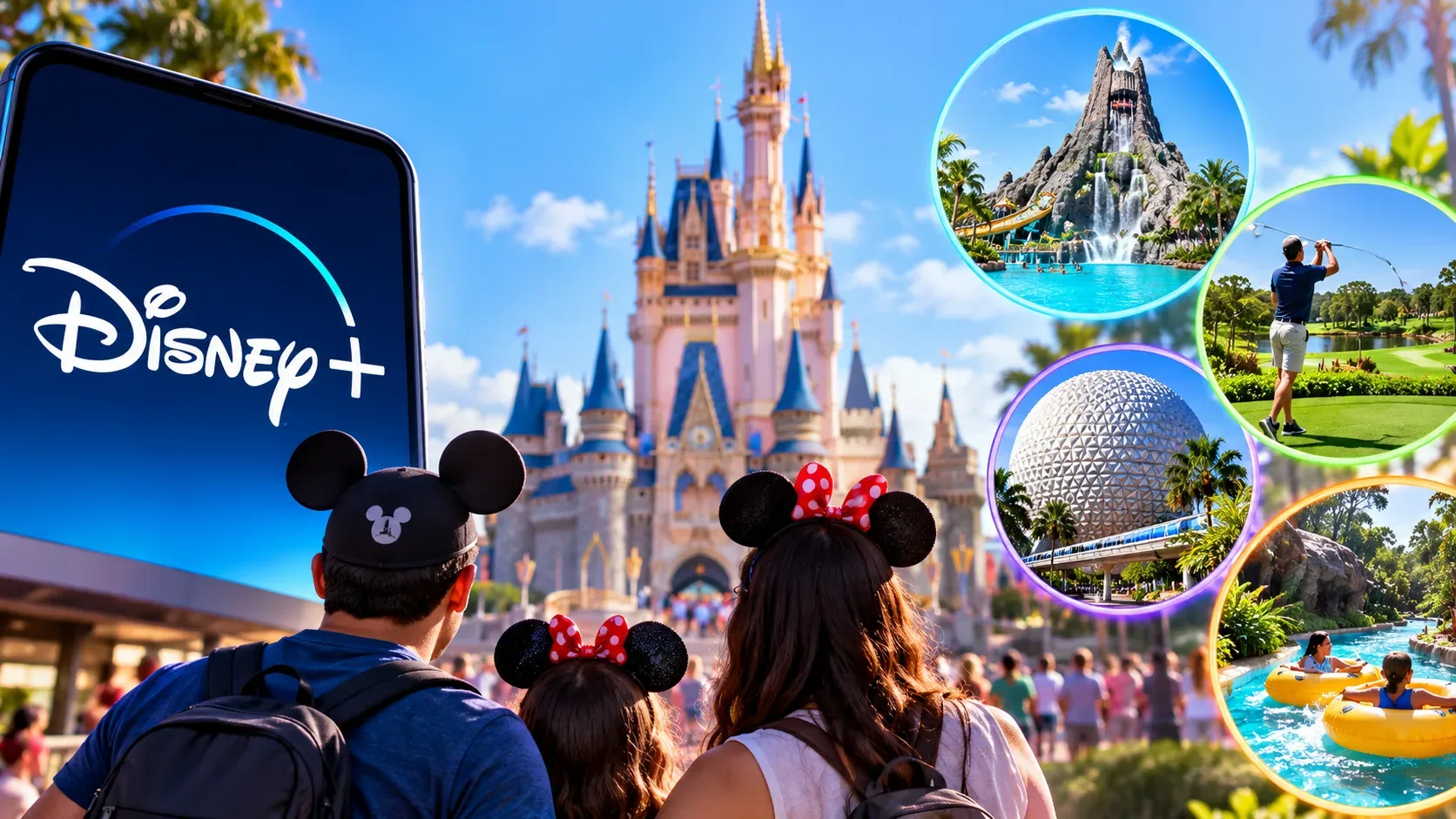 Família diante de um castelo de parque temático, com celular exibindo Disney+ e cenas de parque aquático, golfe, EPCOT e recreação.