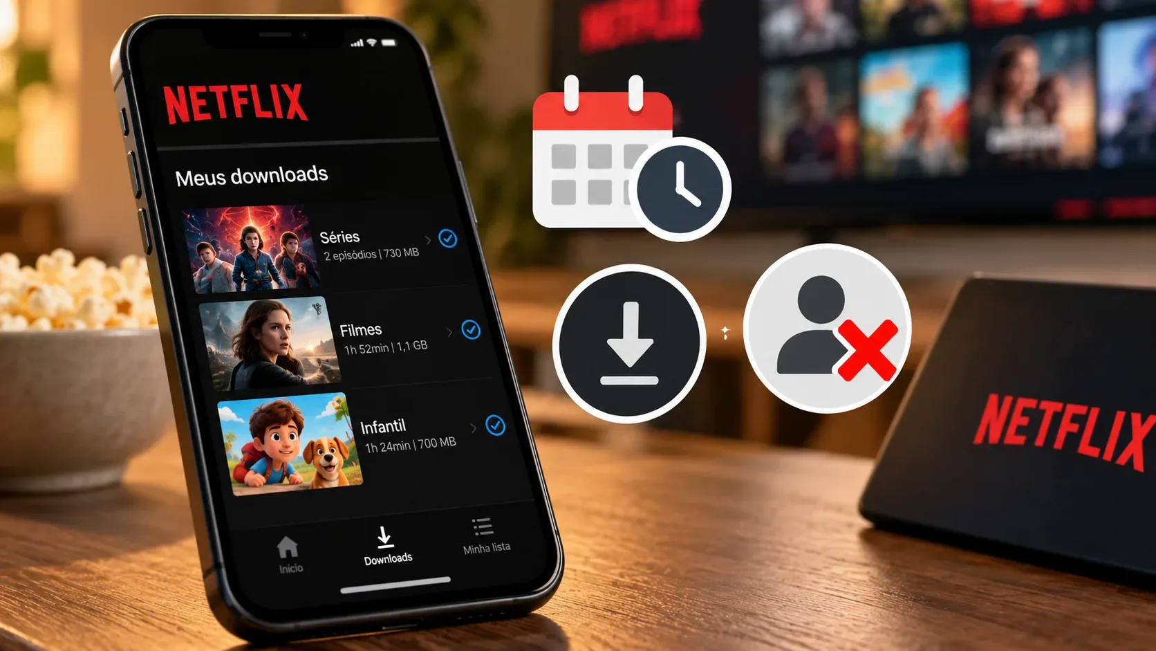 Smartphone exibindo a área de downloads da Netflix ao lado de ícones de calendário, download e conta cancelada em uma sala com TV e notebook.